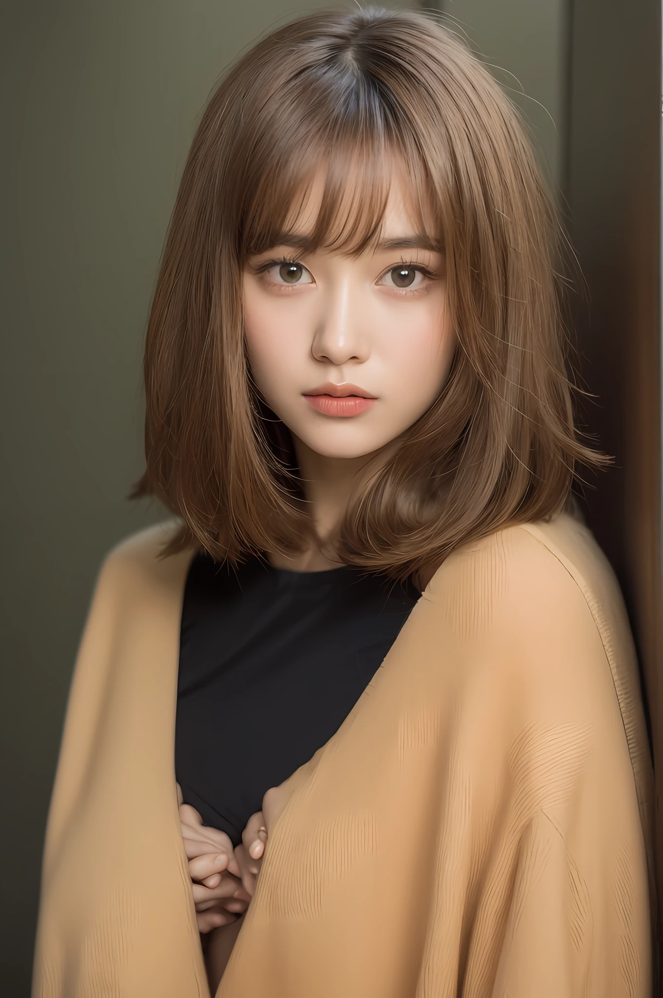 Black bra top and white cardigan、Tidy hair with bangs、short brown hair and large eyes、short hair with bangs、bangss、brown hair and bangs、shorth hair、Cute bangs、real life anime girl、short brown hair with bangs、Brown hair with bangs、brown bangs、Anna Nikonova aka New Milky、 Blonde beautiful Korean kpop idol woman photo, Summer, Lustful, Film grain, Ilford HP5, 80mm