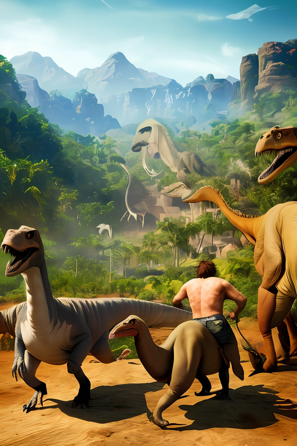 There are two men in the jungle riding on the backs of dinosaurs, ark survival evolved, ark survival, game key art, Ride a large bird of prey with feathers, jurassic image, epic video game art, Ancient art, 4k detailed art, key art, next to the dinosaur are cavemen, Detailed 4K concept art, meteor impact behind a dinosaur, realistic paleoart, Jurassic World