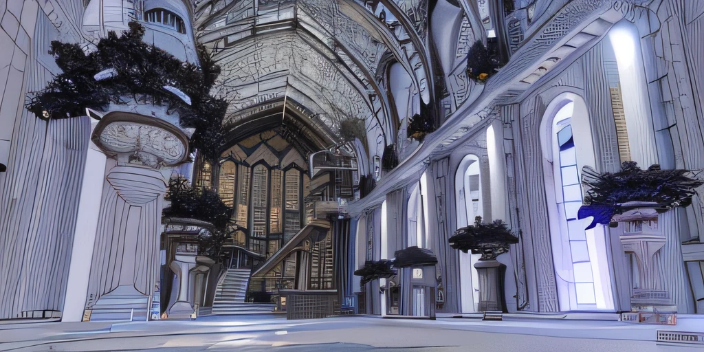 There was a large room with a spiral staircase and stairs, dark majestic ornate great hall, Gothic epic library concept, cinematic architectural scale, Interior of the post-apocalyptic palace, neo-gothic concept, Intricate castle interior, gothic epic library, ornate cyberpunk interior, in style of 3d render, Global illumination!! Intricate, futuristic palace, Gothic interior, architectural render, detailed intricate render