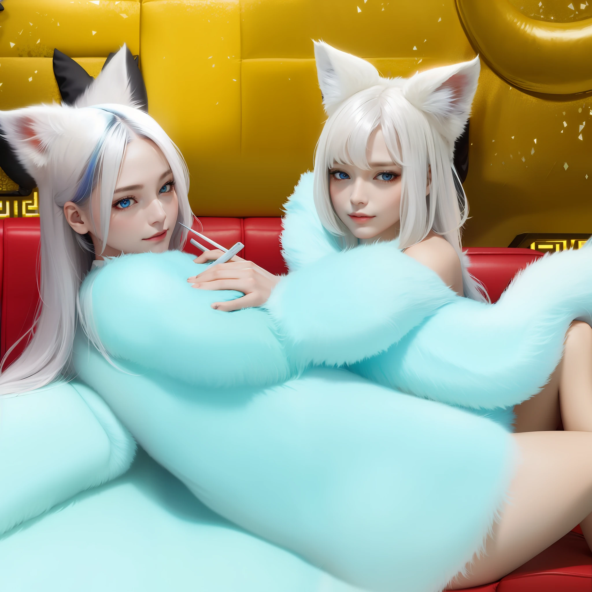 A woman with a fox's tail,white color hair,eBlue eyes,perfect bodies,Reveal attire,Hyper Real,Sofa background,chinese style,Realistic details.