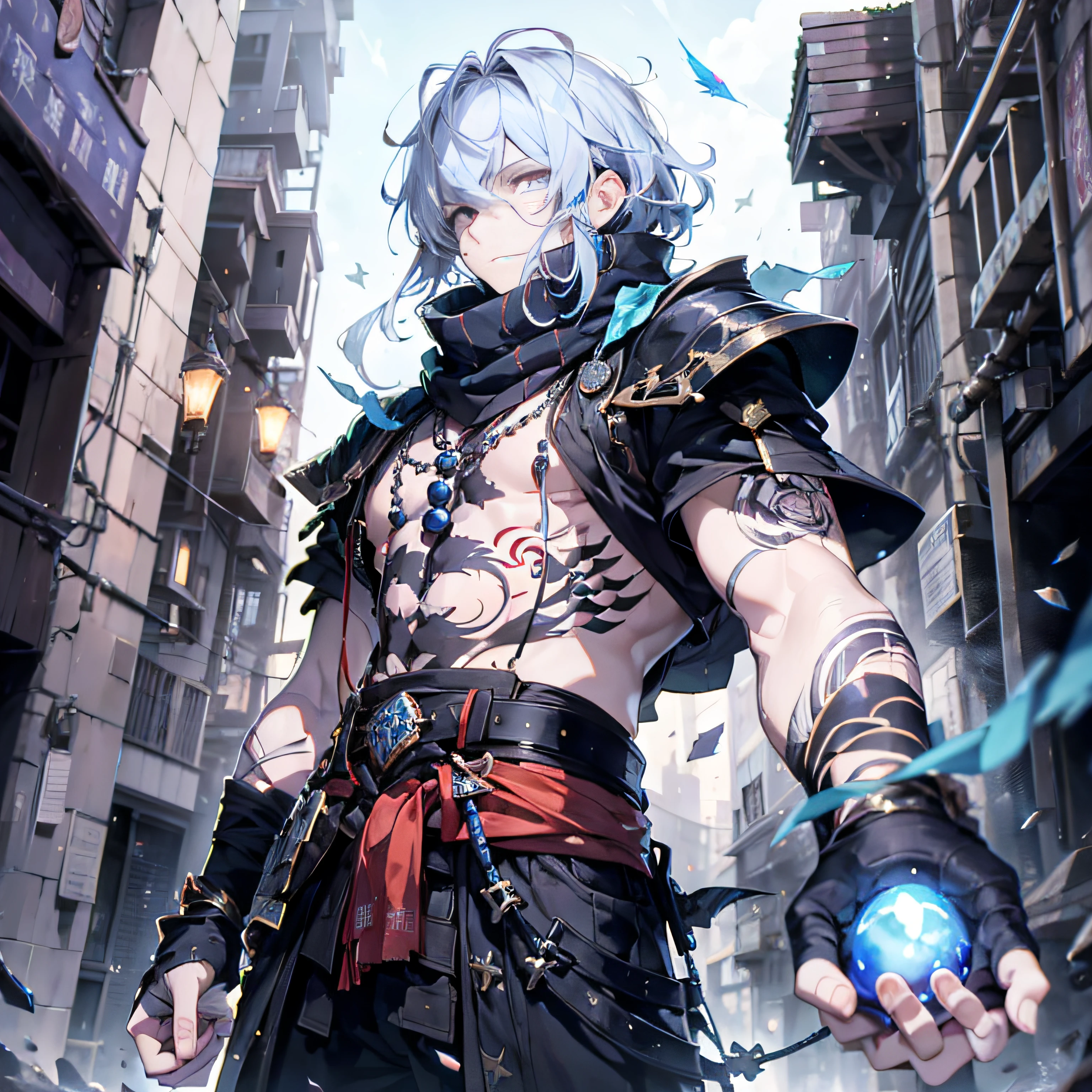 Holding a blue bead in his hand，Holding a blue bead in his hand，Extend your palm forward（absurderes，High- sharpness，ultra - detailed）， tmasterpiece， best qualtiy， 独奏， A boy with long white hair， red white robe， Handsome， Fine Eye， Fine Eye， finely eyes， Bright red eyes， 详细的脸， Black scarf， bared  chest， carry two swords， dual swords， Tattooed with， from below， looking down below， Ruined city， background inside dark， swirles， spark of light，Holding a blue bead in his hand