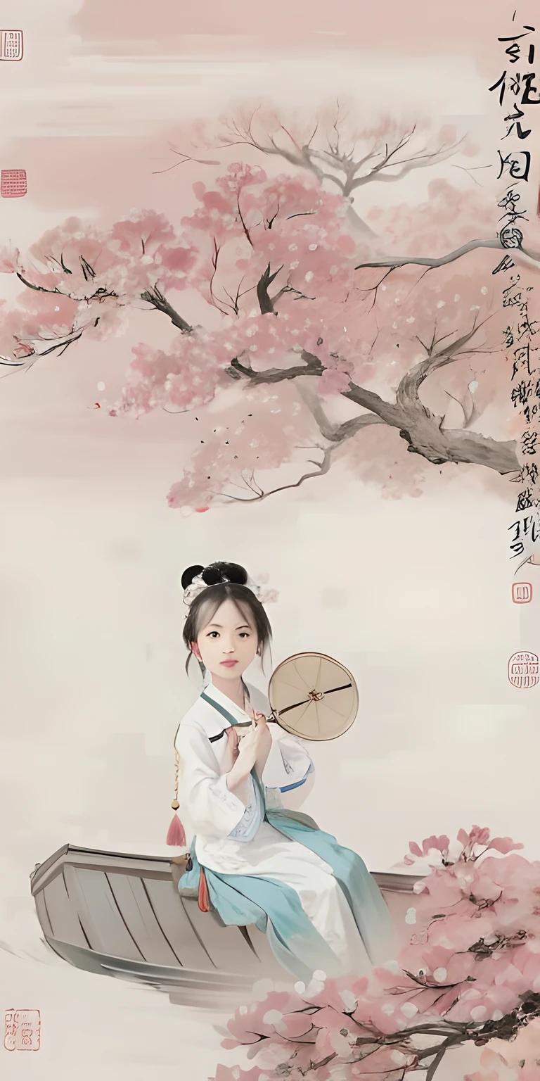 Close-up of a painting of a woman sitting on a boat, Traditional Chinese painting, author：Lee Young-jin, Traditional Chinese art, Chinese style painting, author：Wang Shimin, author：Guan Daosheng, author：Dong Qichang, author：Wang Lu, by Gu Kaizhi, author：Chen Daofu, Chinese painting style, author：Qiu Ying
