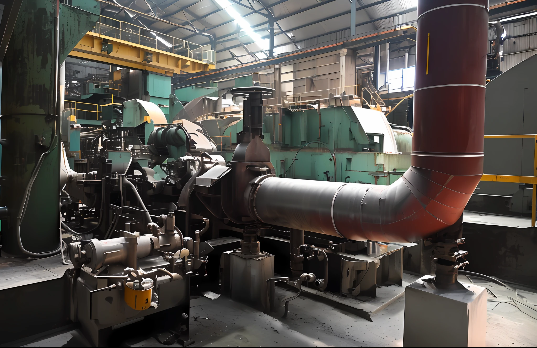 A large machine is placed in the building, industrial machinery, in factory, Large pipes, Detail Factory, industrial factory, Steam pipe, the photo shows a large, steel mill, dramatic scene, Broken machine, intense scene, Waste Treatment Machinery, captured with sony a3 camera, Industrial Pipes, maintenance photo, machinery