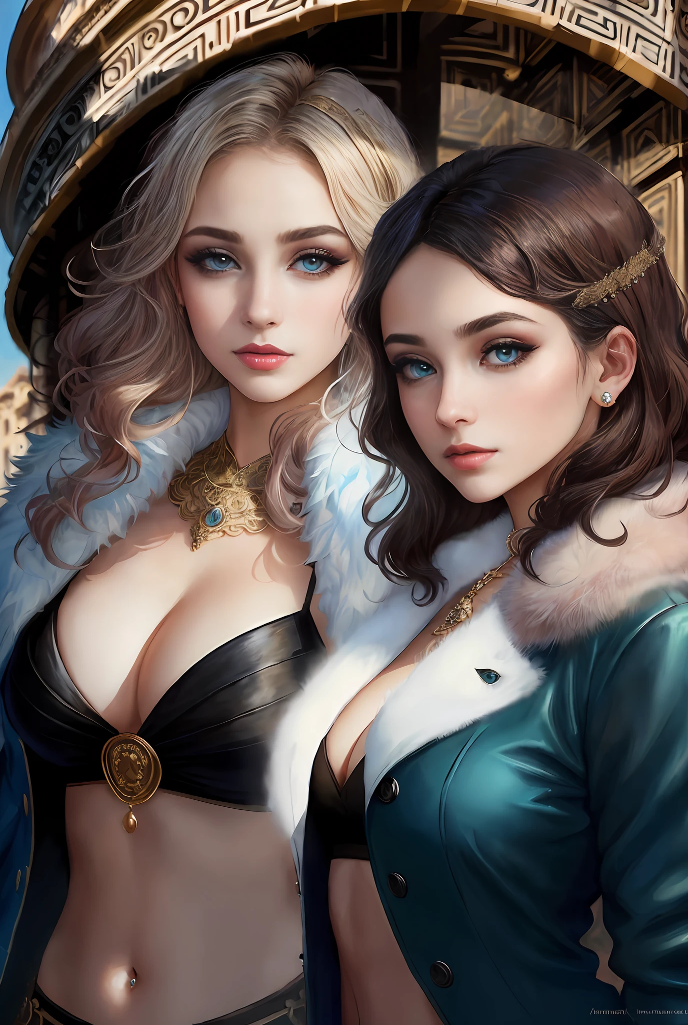 (Positive focus, Original photo), (2girls,duo,navel,At the Pantheon in Rome,crowd,winter,Snowy),Surrealist female portraits of David Hockney and Alphonse Mucha, Fantasy art,Wear ornate furs, (Blue pupil: 1.4, shiny pupils: 1.4, Big eyes: 1.1), Photo fidelity, Dynamic lighting, Art Station, poster for, voluminetric lighting, Very detailed face, 4K, Award-winning, Shadows, understated, (official outfit: 1.4, Gorgeous fur, complex clothing, Furs), Looking at the camera, Bust Up Shot, (Realistic face)),