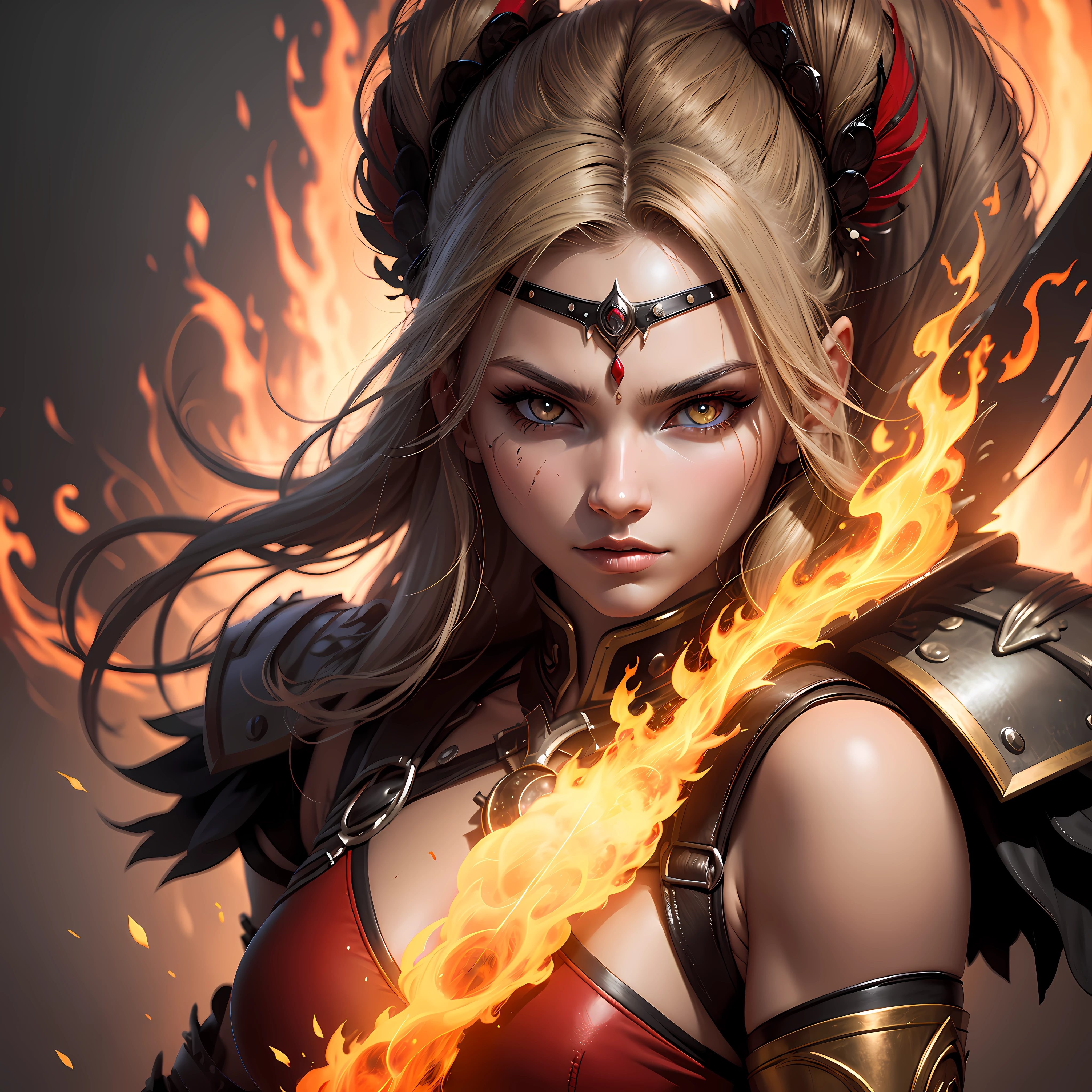 female warrior with fire eyes, close up --auto