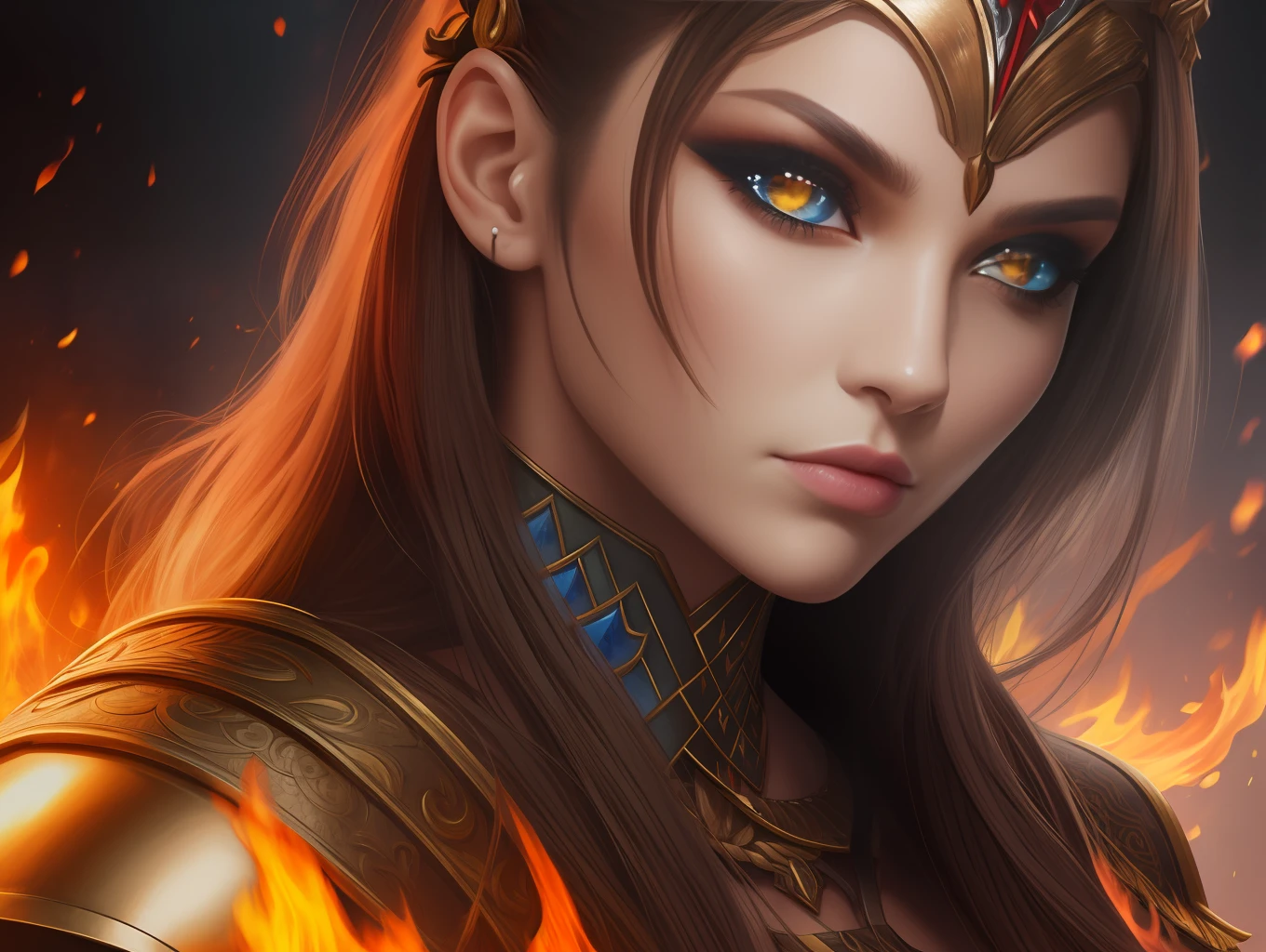 female warrior with fire eyes, close up