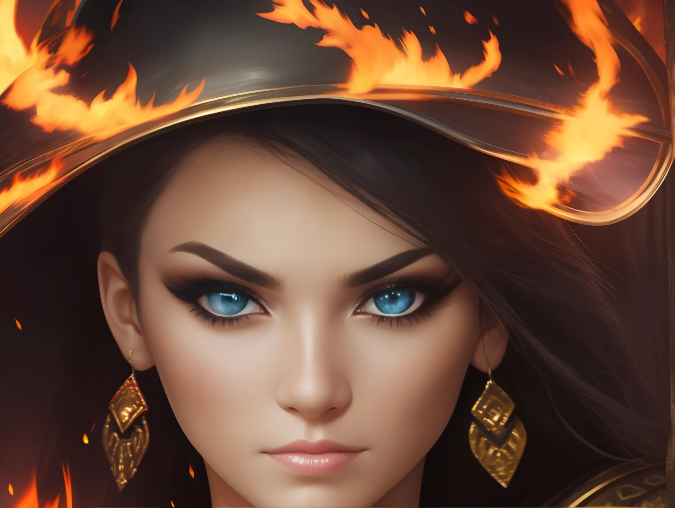 female warrior with fire eyes, close up