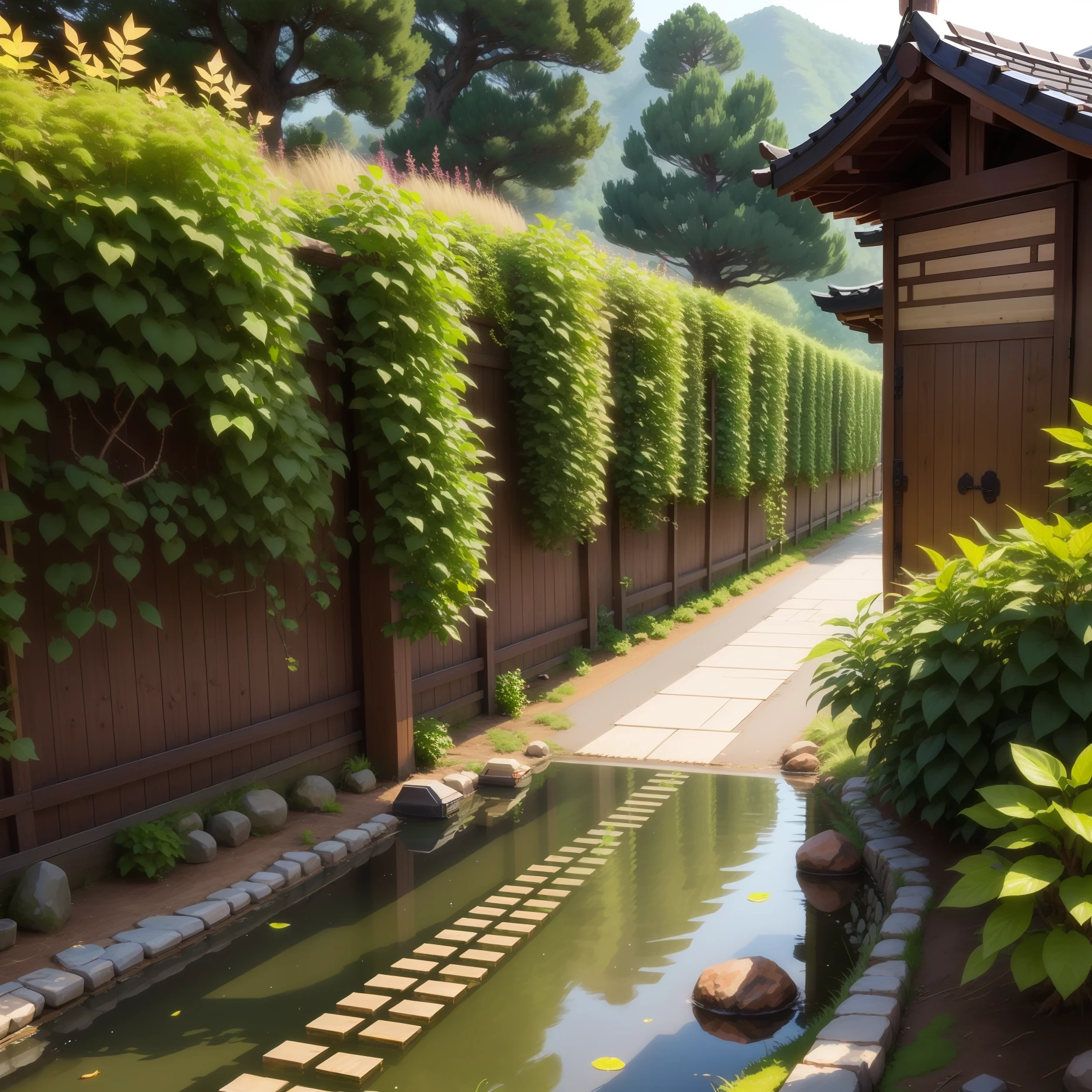 Rural gates，Background wall，Greenery，fruit trees。bonsai，vintagestyle，