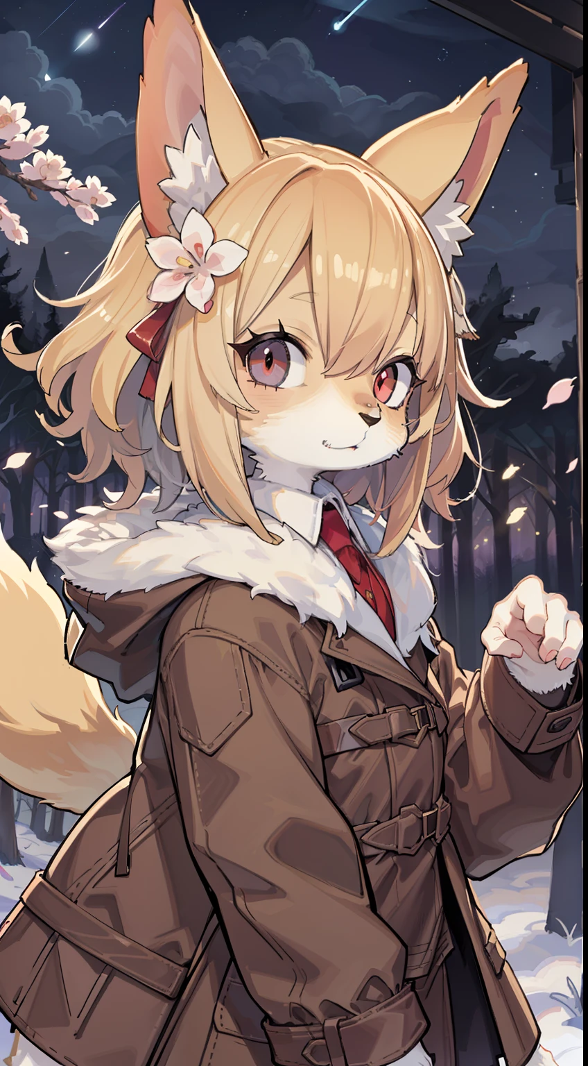 Fox Boy,hairy pubic,shaggy,Skin fur,Golden fur,Golden yellow face fur,Short straight blonde hair,Eyes have light,Red eyes,Super cute face,Brown elements on fur,Brown coat brown hood up,Beautiful lights and shadows,Ambient light,Ultra-fine fur,volumettic light,Night,natural lightting,Fluffy tail,Night,starrysky,Vast landscape,crossed bangs, Hairline, Shiny hair, lone nape hair, ,Dilated pupils,Sleepy,(moon full:1.2),(meteors:0.9),(Starcloud:1.3),Inside the cherry blossom forest,Cherry blossoms fall,(Warm light source:1.2),(glowworm:1.2), Purple and orange,Complicated details,Volumetriclighting,Realist breakthrough(tmasterpiece:1.2)(best qualtiy),4K,Ultra-delicate,(Dynamic configuration:1.4),Highly detailed and colorful details,(Irridescent color:1.2),(luminouslighting,Atmospheric lighting),dream magical,magic,(独奏:1.2)Glowing light, cowboy shot