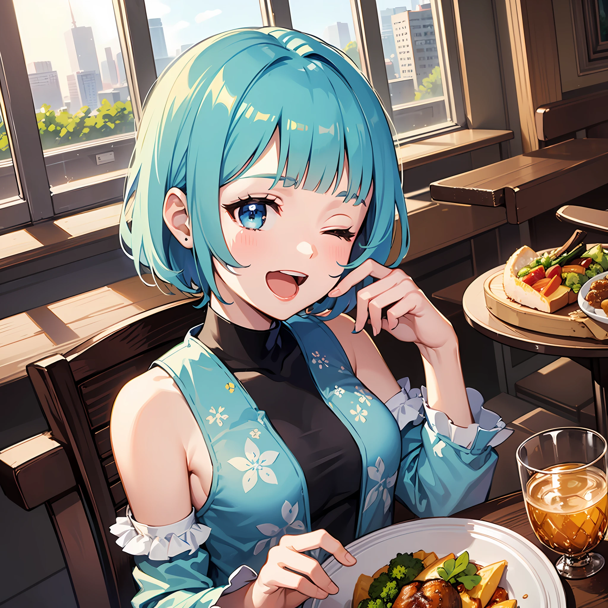 (masterpiece:1.3), (best quality:1.3), high resolution, 


dutch angle, overlook view, couboy shot, 
eating, body facing forward, 

(one cute girl:1.3), solo, 
white skin, small Breast, eight-headed person, 
light blue hair, (bobbed hair:1.2), (short hair:1.2), (blunt bangs:1.2), beautiful hair, blue eyes, beautiful detailed eyes, 

open mouth, heart, cheerful smile, one eye closed, 

one piece dress, detached sleeves, 

indoors, restaurant, 

shadowlighting,