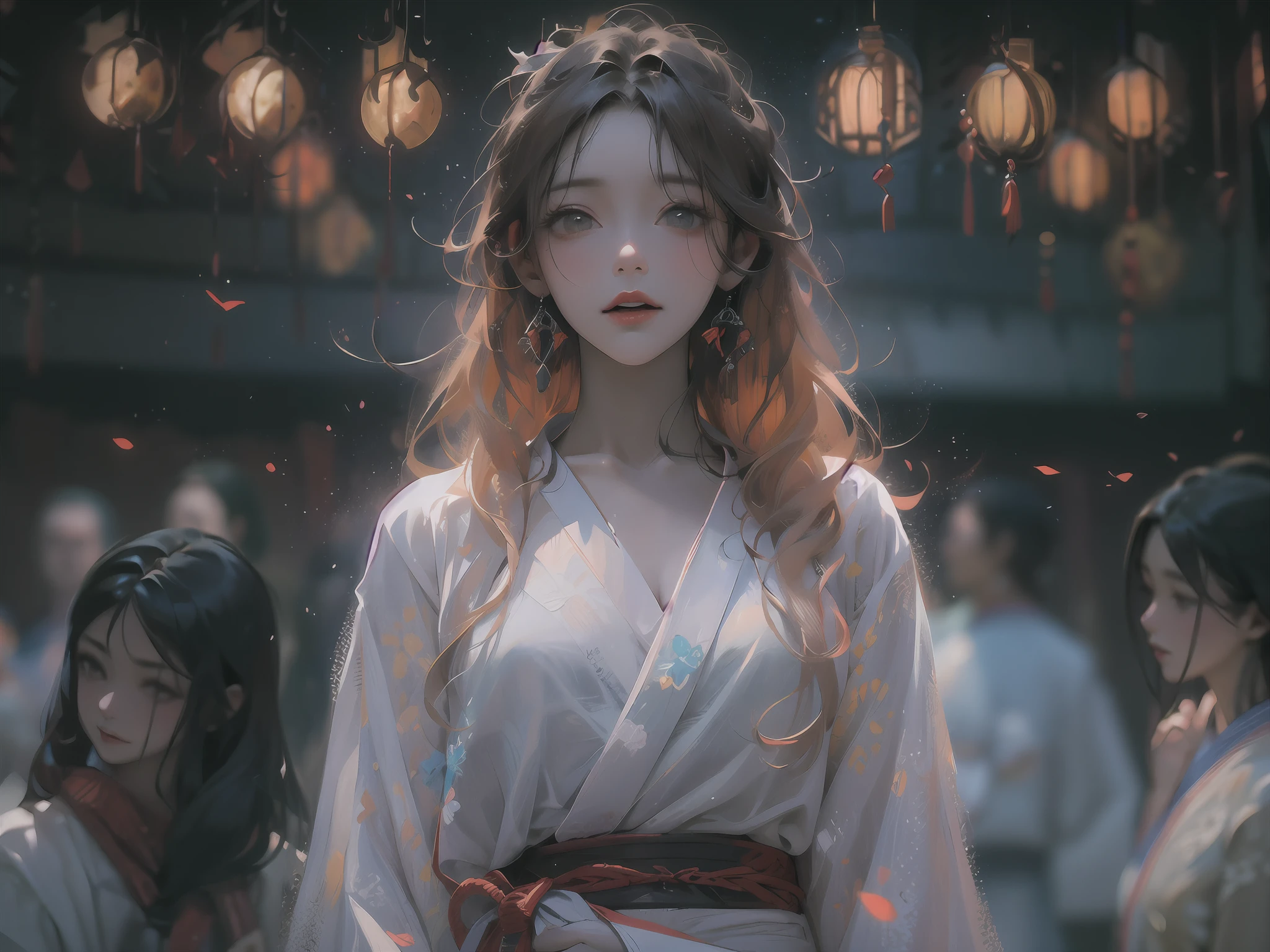 Masterpiece,Best quality, A still from a dark fantasy movie from the 90s,(pastel colour, dim colors, soothing tones:1.5),blend, Medium shot, Bokeh, (hdr:1.4), Masterpiece,conceito, 4K, HD, Cute girl in lingerie, White Hanfu, black colored leggings, (Cinematic, Red and black :0.85), The faces of the audience, dramatic pose, skinny pants