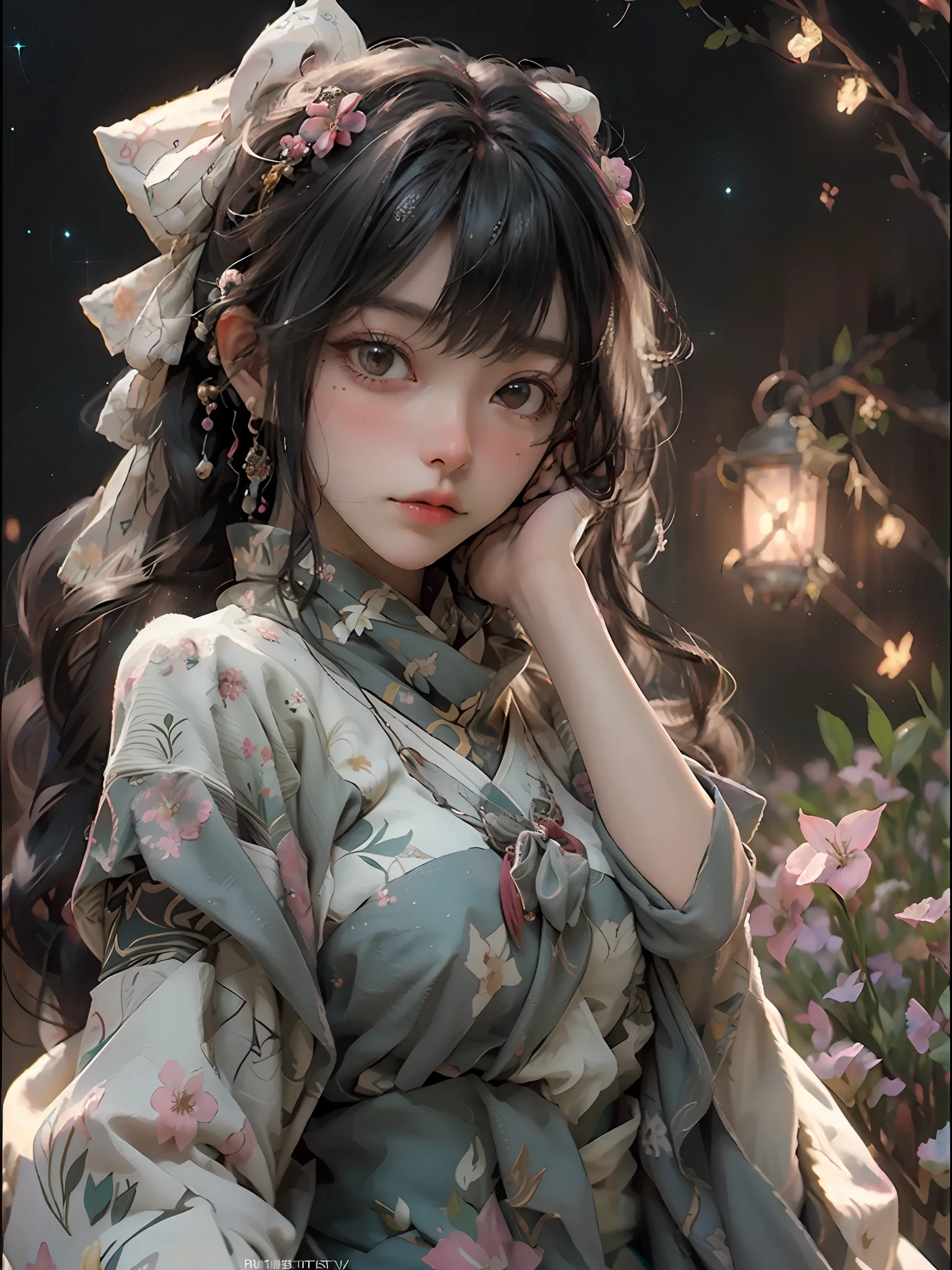 (RAW Photo, Best Quality), (Realistic, Photo Realistic: 1.3), Best Quality, Highly Detailed, Masterpiece, Ultra Detailed, Illustration, 1 Girl, upper_body, Dynamic Angle, World Mastery Theater, messy_long_hair, Best Quality, Extremely Detailed CG Unified 8k Wallpaper, Ink, Amazing, Movie Lights, lens_flare, dunhuang_style, Detailed Face, Beautiful Rendering of Tang Dynasty, (deliberate expression: 1.5), standing in a flower field, (looking up at the starry sky: 1.2), fireflies, floating scarves, Sony master shots, a woman posing for a picture in front of a tv, inspired by Fei Danxu, aesthetic!!!!!! female genie, brown hair and bangs, high definition screenshot, nicovideo, normal hands, vivic colors, full face shot of rimuru tempest, nice studio lighting, vhs screencap, beautiful fine - face, nami, ar
