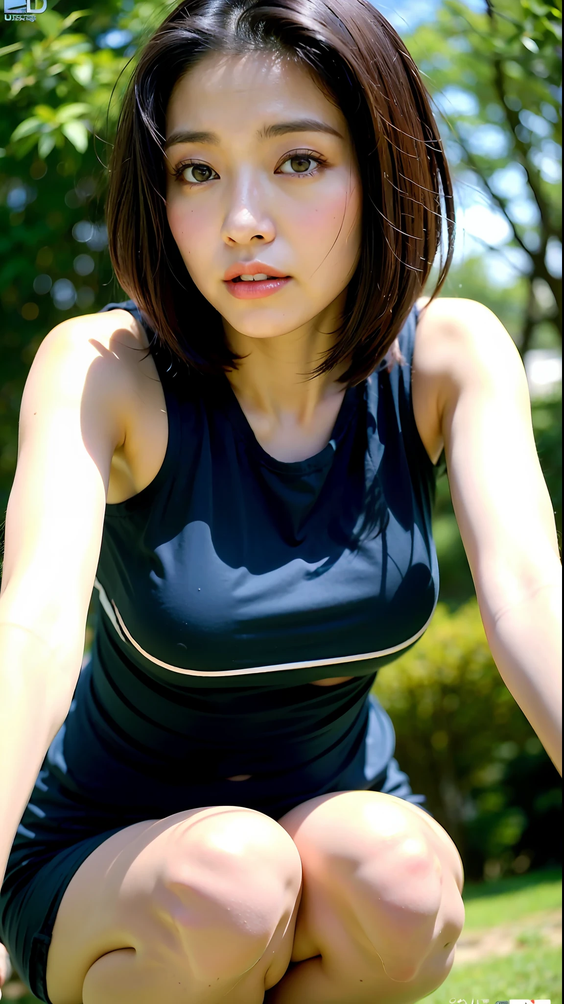 (Best quality, 8k, 32k, Masterpiece, UHD:1.2),Photo of Pretty Japanese woman,black short hair,beauty face,(leaning forward:1.3),squatting,(from above:1.2),(close up:1.4),pov,loose t-shirt,large breasts,(beautiful nipple slip:0.9),outdoors,windy,shiny skin,blurry background,