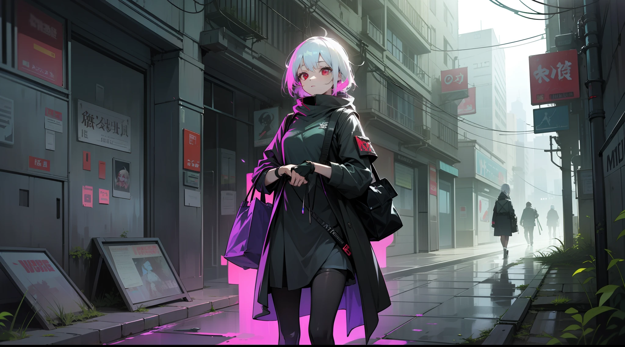 （16:9 high quality wallpapers）（Mist abandoned cyberpunk underground street，brokenglass、Decoration of moss and vines），Unique purple architectural lighting effects，Girl with red eyes and white hair，Carrying a bag