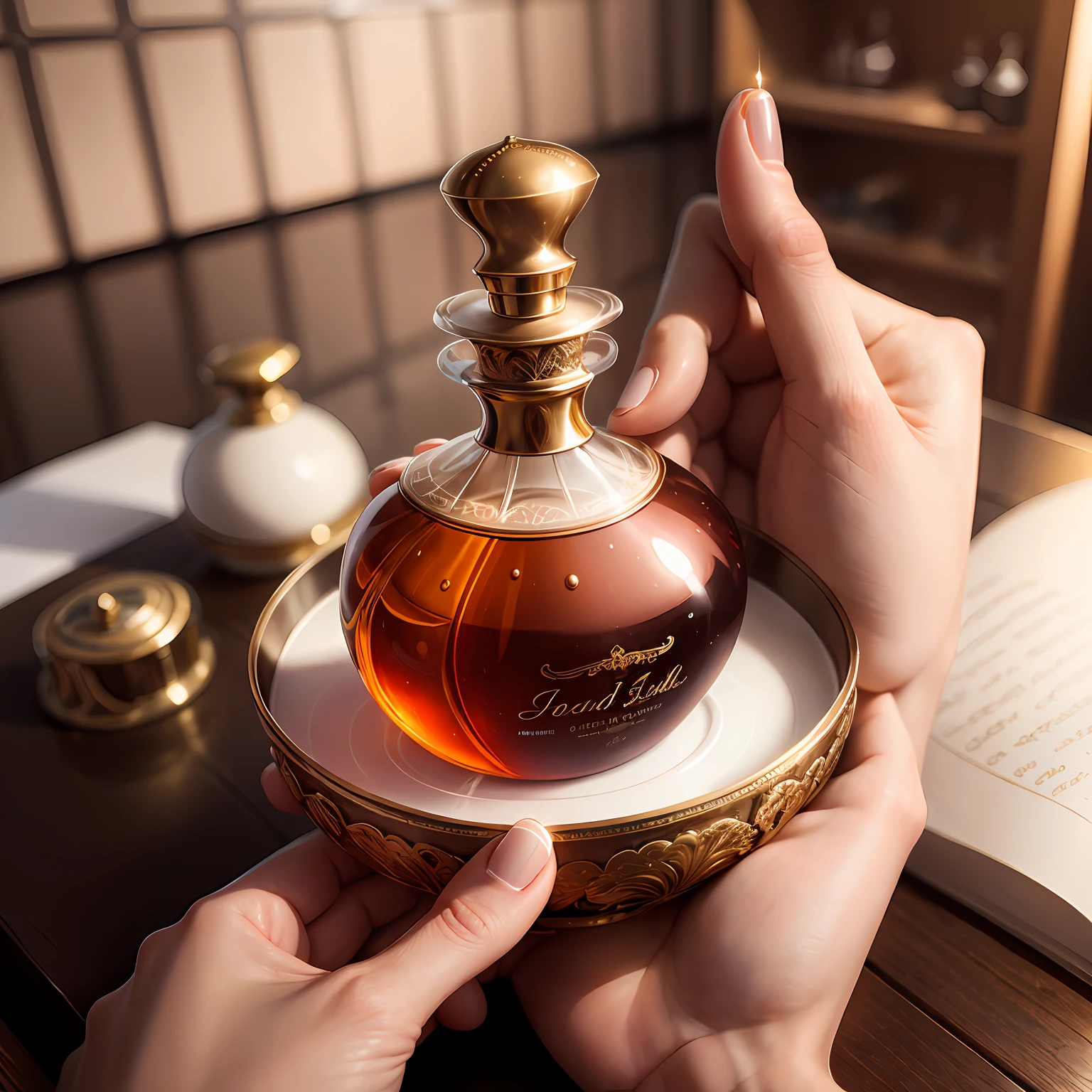 Illustration of hand holding beautiful perfume bottle　up