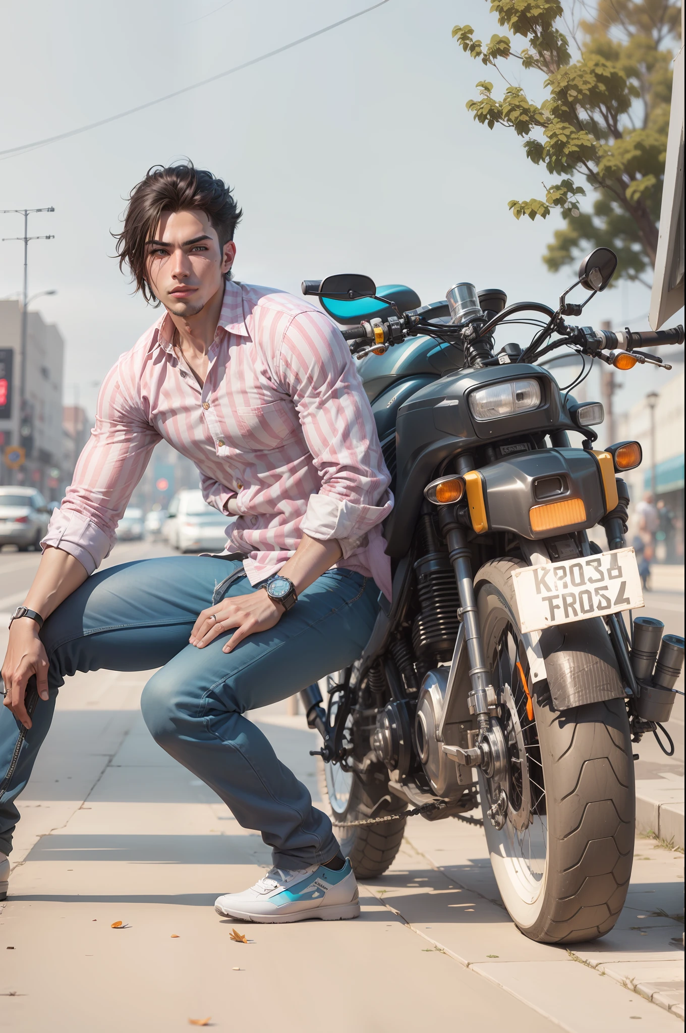 Background change cyberpunk smartboy with brand bike ultra modem realistic face