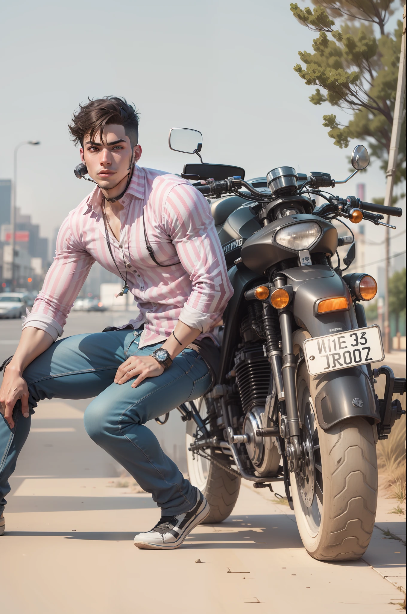 Background change cyberpunk smartboy with brand bike ultra modem realistic face