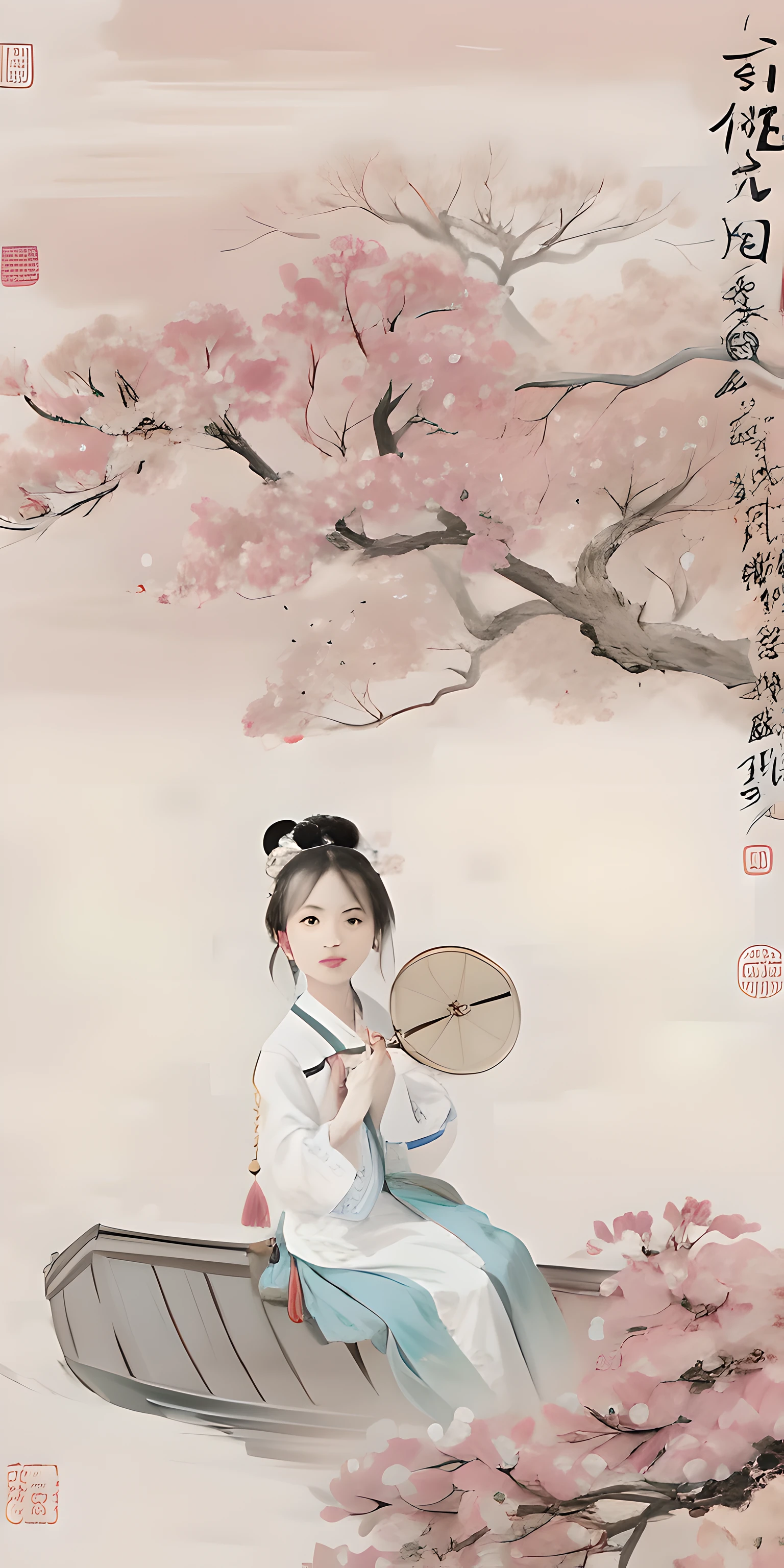 Close-up of a painting of a woman sitting on a boat, Traditional Chinese painting, author：Lee Young-jin, Traditional Chinese art, Chinese style painting, author：Wang Shimin, author：Guan Daosheng, author：Dong Qichang, author：Wang Lu, by Gu Kaizhi, author：Chen Daofu, Chinese painting style, author：Qiu Ying