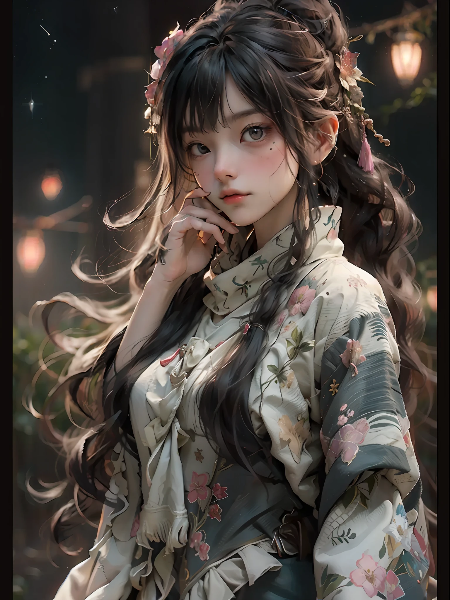 (RAW Photo, Best Quality), (Realistic, Photo Realistic: 1.3), Best Quality, Highly Detailed, Masterpiece, Ultra Detailed, Illustration, 1 Girl, upper_body, Dynamic Angle, World Mastery Theater, messy_long_hair, Best Quality, Extremely Detailed CG Unified 8k Wallpaper, Ink, Amazing, Movie Lights, lens_flare, dunhuang_style, Detailed Face, Beautiful Rendering of Tang Dynasty, (deliberate expression: 1.5), standing in a flower field, (looking up at the starry sky: 1.2), fireflies, floating scarves, Sony master shots, a woman posing for a picture in front of a tv, inspired by Fei Danxu, aesthetic!!!!!! female genie, brown hair and bangs, high definition screenshot, nicovideo, normal hands, vivic colors, full face shot of rimuru tempest, nice studio lighting, vhs screencap, beautiful fine - face, nami, ar