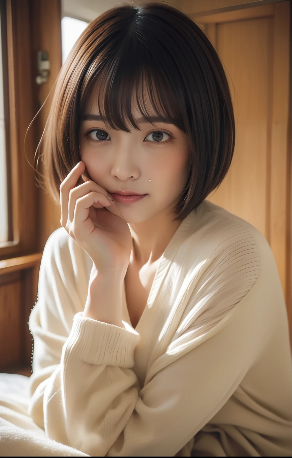 In a warm room in a winter room、Short-cut hairstyles 、Women in Japan 、Overexposed loungewear、a miniskirt、(8K、top-quality、masterpiece、超A high resolution、high detailed face)、portlate、Beautiful fece、kawaii、A dark-haired、vestments、natta、from the front side、(is crying)