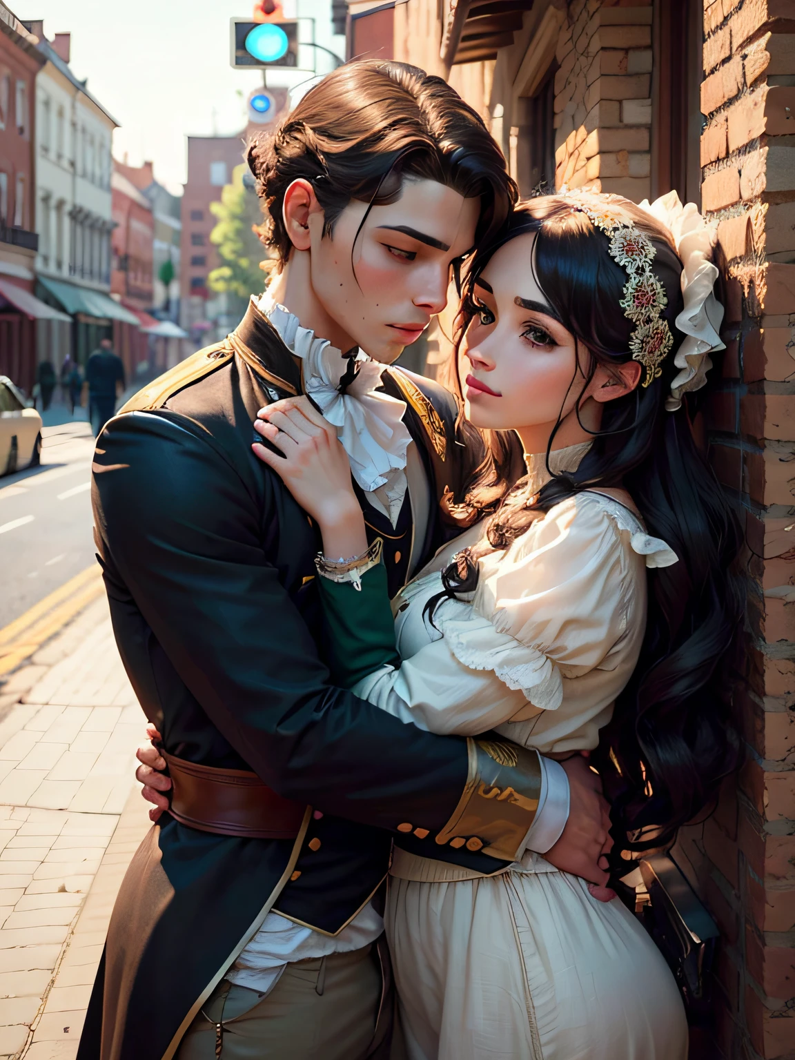 a young man and a woman，hugs，Daytime scene，period costume，The woman's head wears a hair ornament，Male coiled hair， --auto