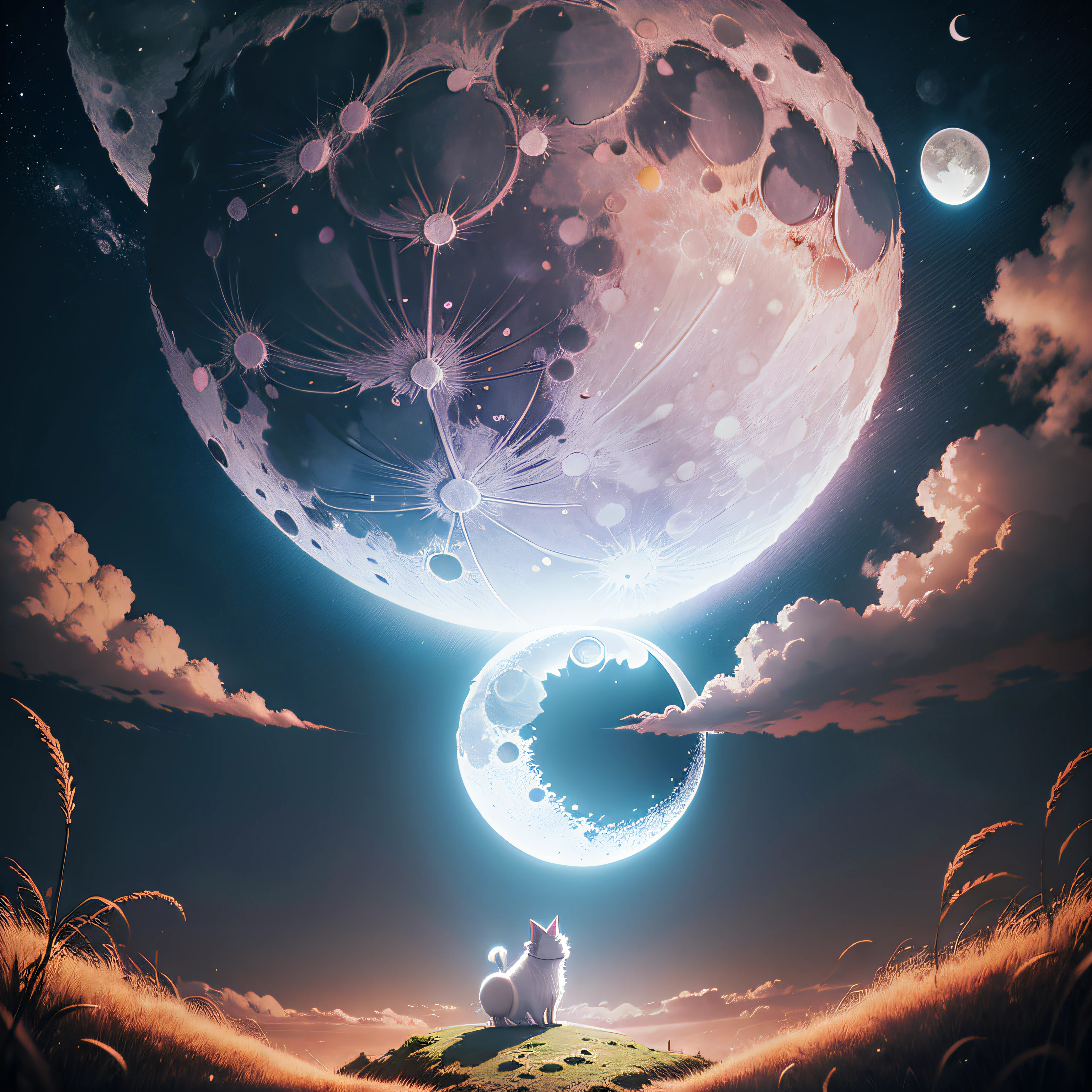 "(Cartoon Moon:1.5) (Magical dreamy atmosphere) (Poster anime cover) moon on sky,Picture of a dog's tail piled in the grass " --auto