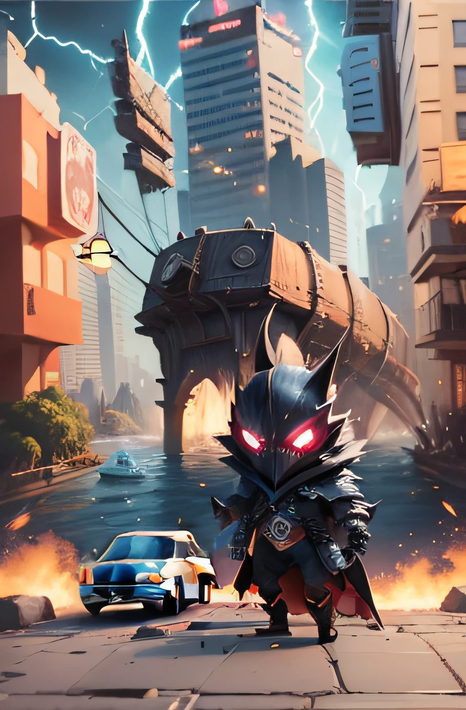 (extremamente detalhado, estilo cartunesco), villain arriving on his ship, destroying the city in a chaotic and cute way. Desenho infantil, simples. Night scene with lightning and earthquakes. --auto