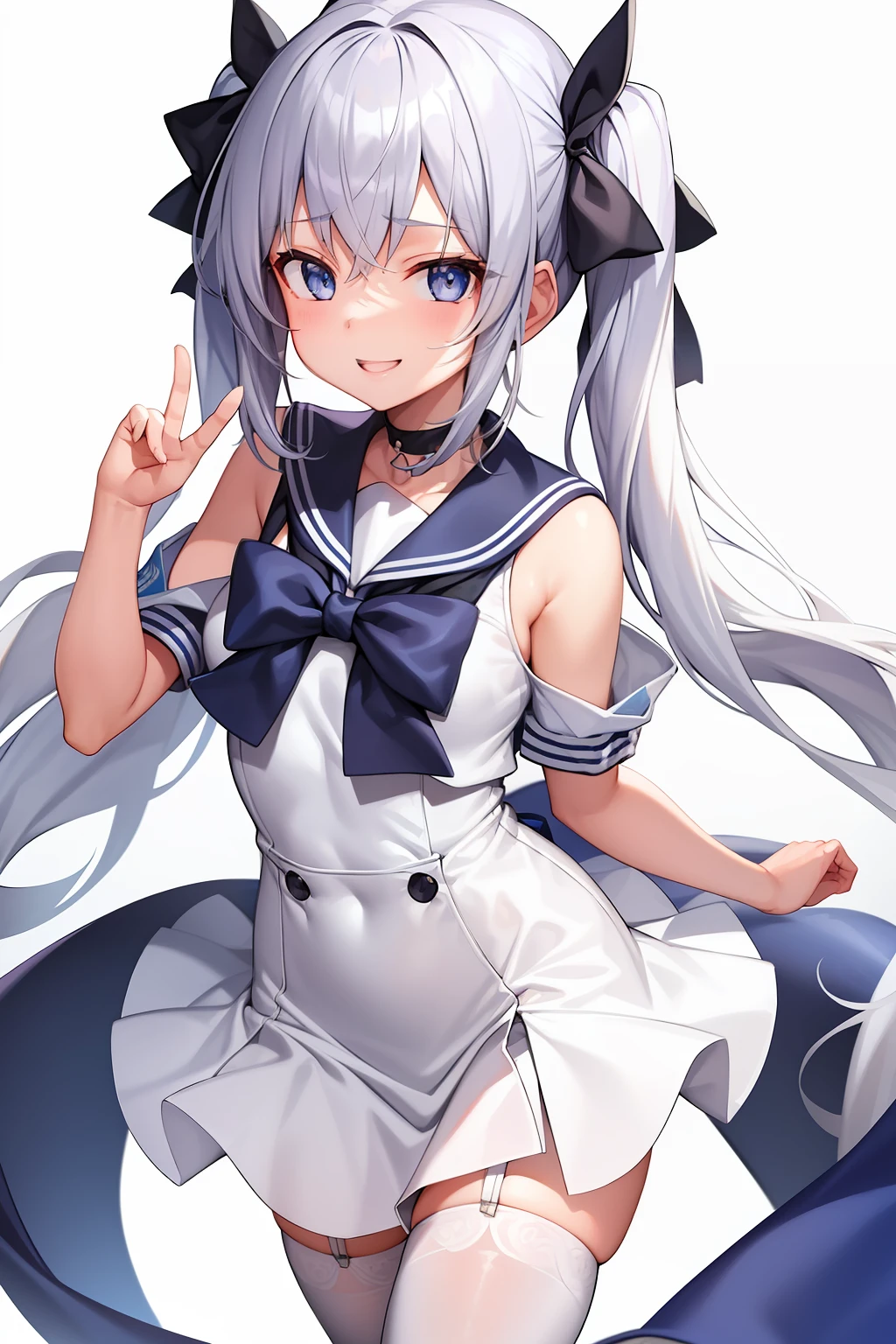 1girl in、White background、silber hair、blue eyes、portlate、a smile、a sailor suit、pigtails
Watch the viewer、​masterpiece、best qualtiy、