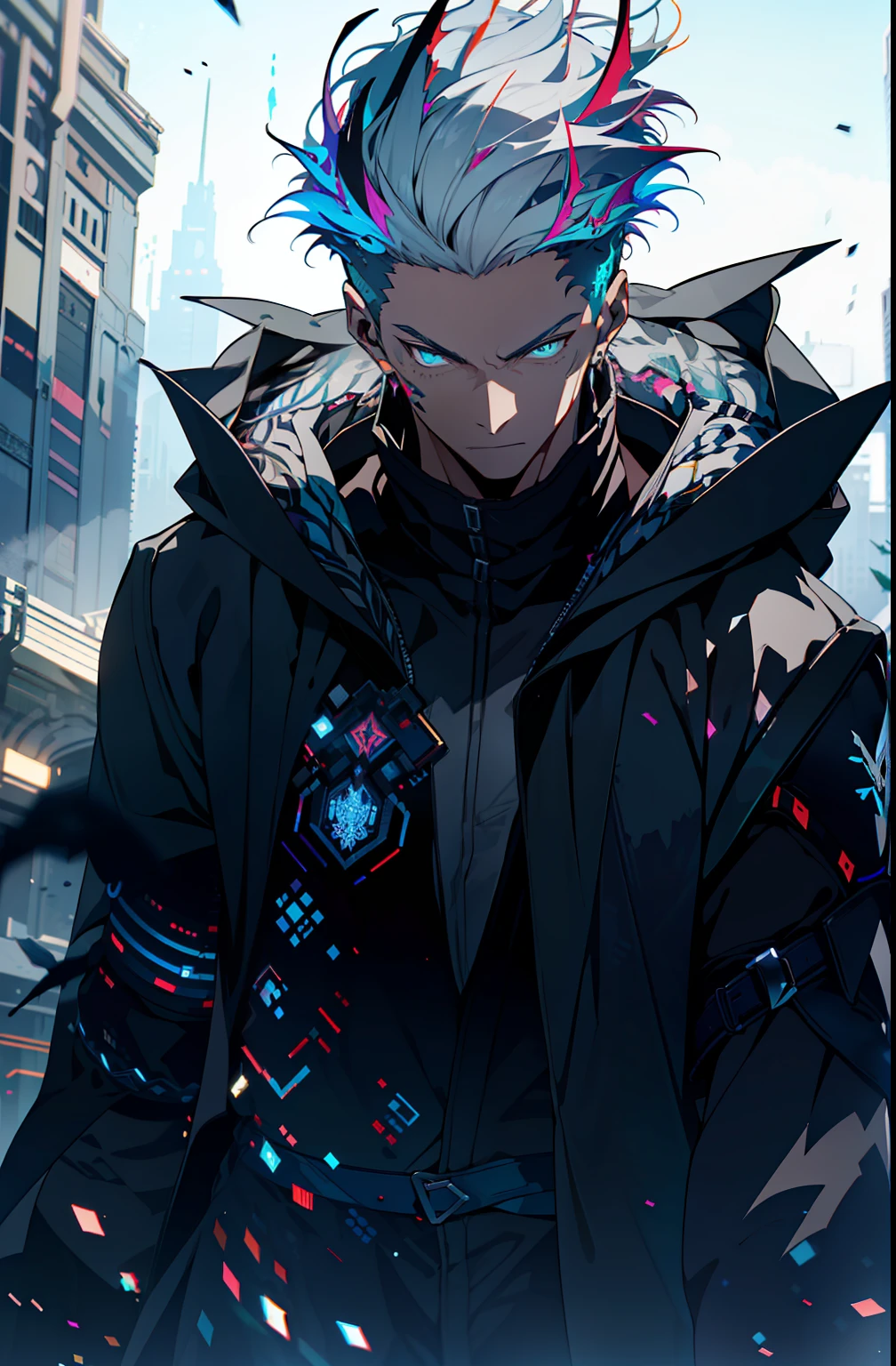 Cyberpunk male, fantasy world, dark background, clean design, epic instagram, artstation, colorful paint splatter, silhouette, hyper detailed intricate details, unreal engine, fantasy, intricate details, splash screen, complementary colors, Fantasy concept art, 8k resolution, deviantart masterpiece, oil painting, heavy strokes, paint dripping, (isolated on white background: 1.3), rainbow skin, (((handsome young man))), ((teenage:1.5) ), (glowing blue eyes), ((light eyes)), ((((short white hair: 1.1))), ((black clothes)), (prince\\(indifferent expression\\),, ( ((Wears high detail luxurious black robe))), white hair, frost magic, ((chest) --v 6