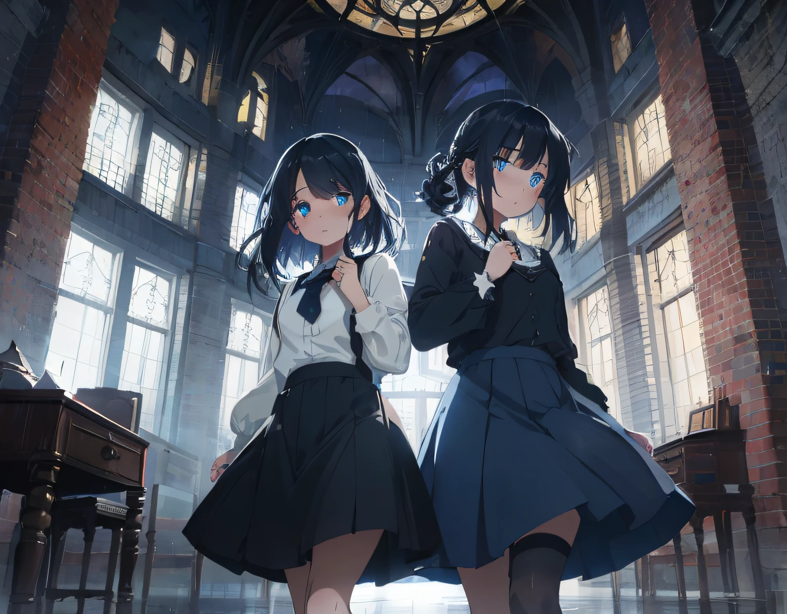 masterpiece, best quality, ultra-detailed, illustration, an extremely delicate and beautiful, cute, girl, energetic, active, anime, 1girl, cute, soft lighting, black hair, labyrinth, Mysterious world, Alice, night, rain outside the window, lanthanum, search, adventure, run away, chased, woman with black hair and blue eyes, dark blue colored skirt, intricate building, complex architecture, dynamic angle, cinematic angle, indoor , wide shot, run, huge building, dark and light, troubled eyebrows, scared, anguish, white blouse, decadent,Twin girls, hand in hand Together, drifting, where are we? , looking around