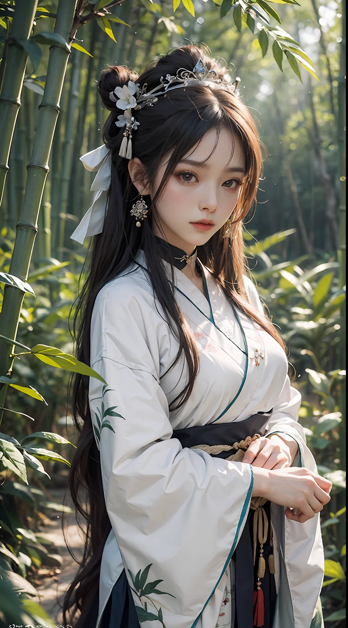 best qualtiy,tmasterpiece,A high resolution,Chinese Hanfu,Traditional Chinese painting,Luxurious tiara,White light gauze hanfu, Xianxia, conservativelydressed,choker necklace,jewelry,beautfully face,full-body portraits,bamboo forrest,4k wallpaper,tmasterpiece,Best quality at best,ultra - detailed,k hd,Unbeatable masterpiece