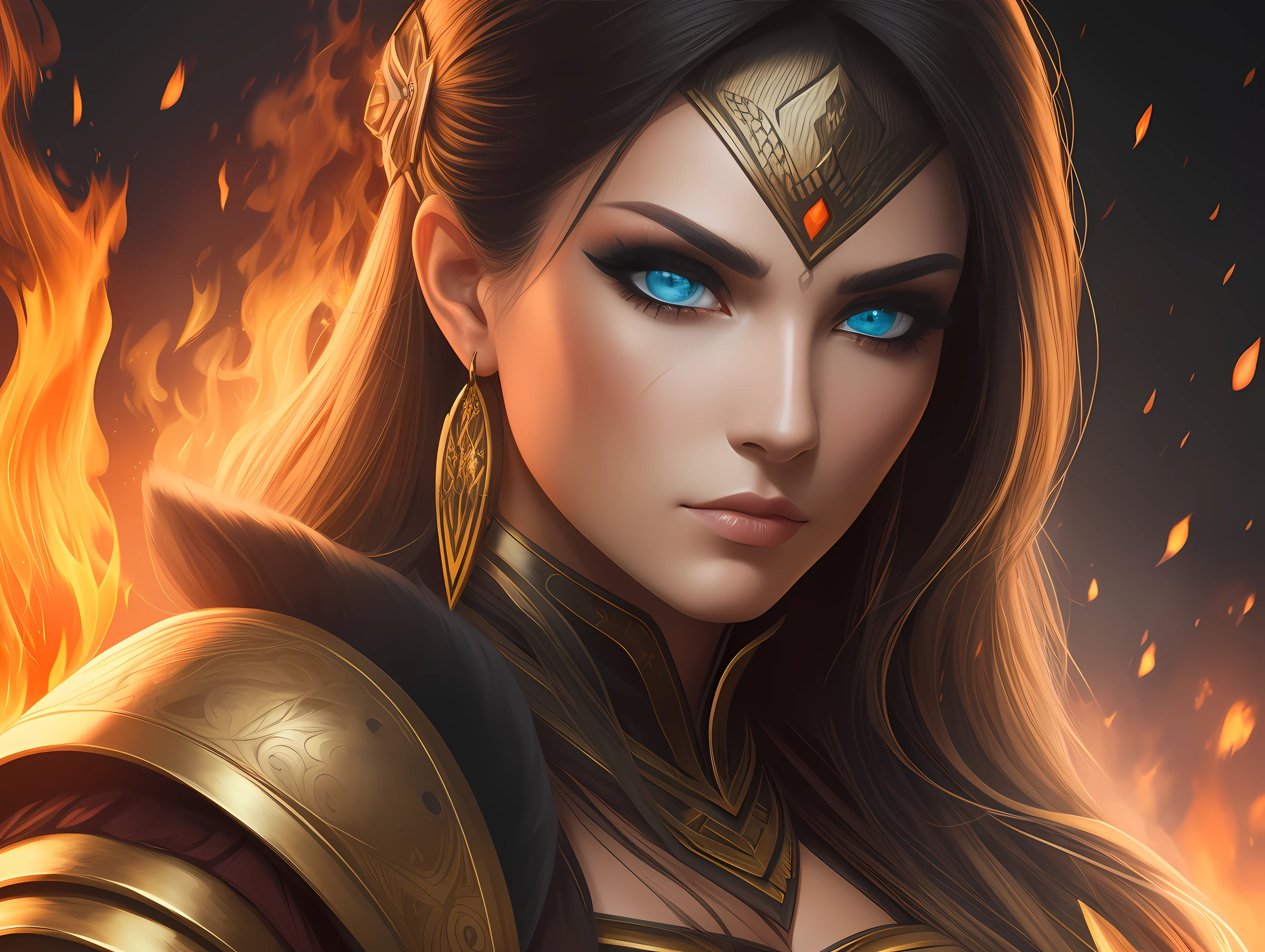 female warrior with fire eyes, close up