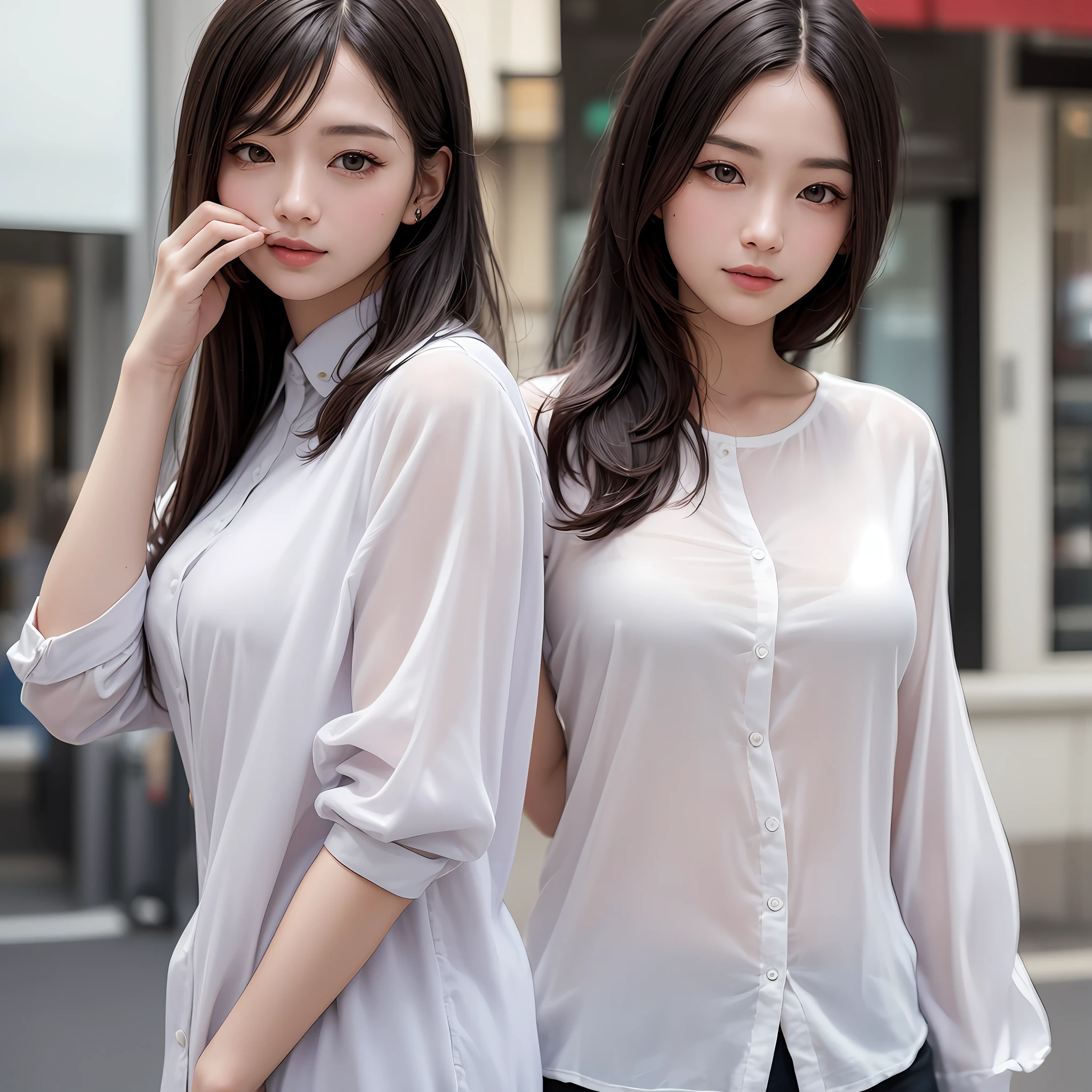 （（best qualtiy，8k，tmasterpiece：1.3）），Sharp focus：1.2，A beautiful woman with a perfect figure：1.4，slender figures：1.2，（Layered Hair Style，：1.2）），（Long button-down shirt：1.3），the street：1.2，Highly Detailed Face and Skin Textur，Detailed eyes，二重まぶた，ssmile。 --auto