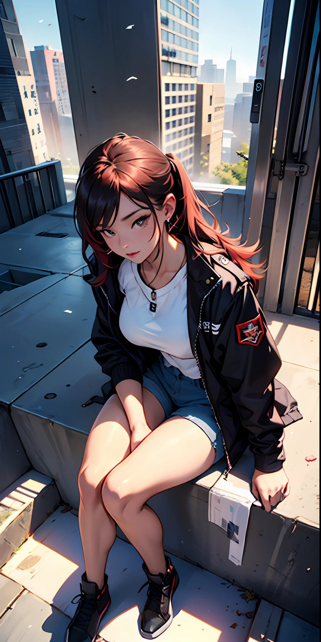 ​masterpiece、Top image quality、1人の女性、Beautiful woman sitting on the stairs、Long hair swept away by the wind、Legs wide open、Hands between the legs、(Military jacket、No shoulder shirt)、Jeans shorts、Detailed facial expressions、Detailed eye、Detailed nose、Detailed red lips、爆乳、Female proportions considered everywhere、Skyscraper District、Sunset between buildings、Large circular earrings、beauty legs、From  above