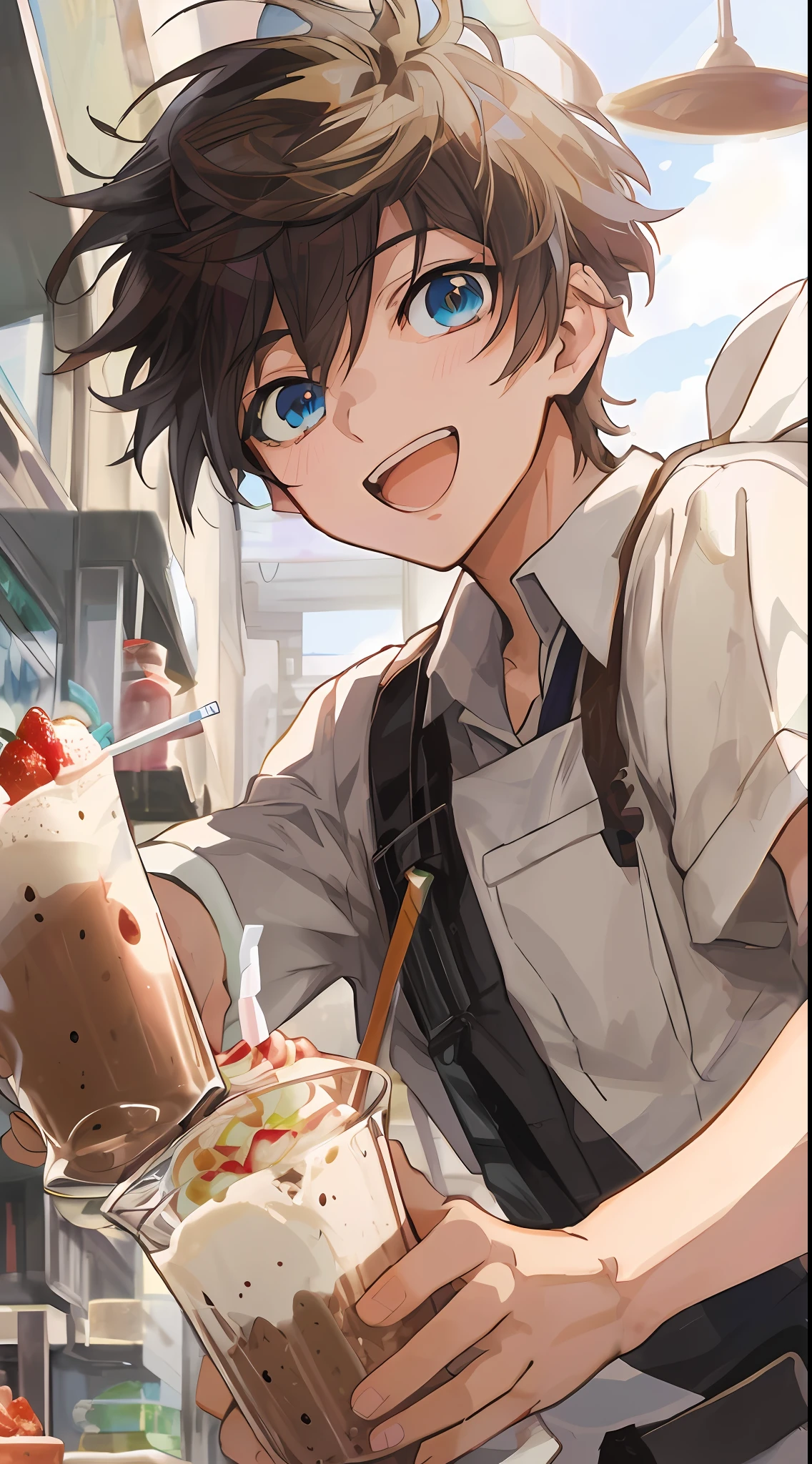 Anime boy holding a glass of milkshake with strawberries in it, Official art, kawacy, detailed anime character art, official artwork, detailed fan art, inspired by Okumura Togyu, tall anime man with blue eyes, anime moe art style, high quality fan art, official illustrations, Detailed key anime art, Anime Boy, clean detailed anime art, zerochan art