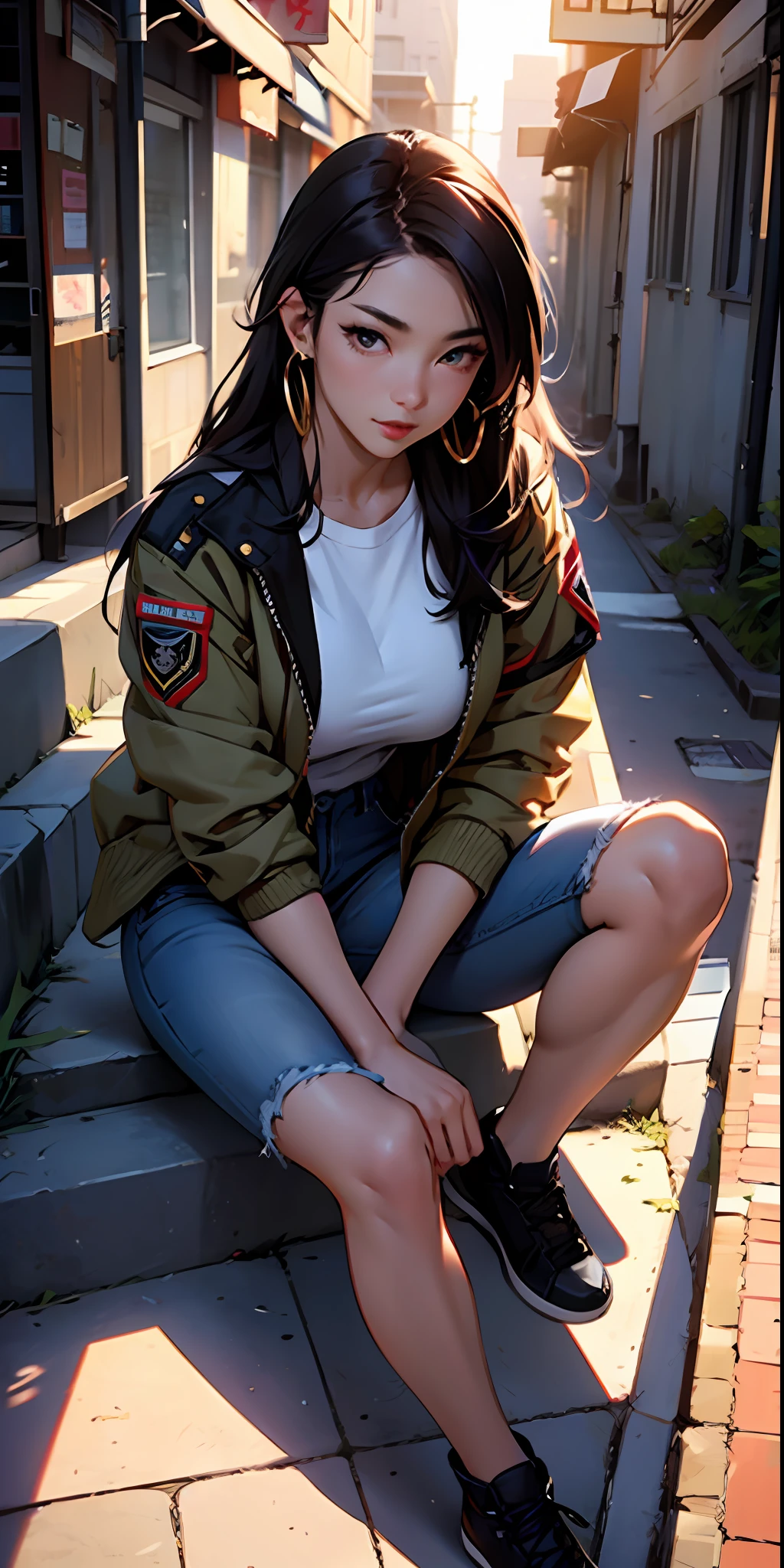 masterpiece、Top image quality、1人の女性、Beautiful woman sitting on the stairs、Long hair swept away by the wind、Legs wide open、Hands between the legs、(Military jacket、No shoulder shirt)、Jeans shorts、Detailed facial expressions、Detailed eye、Detailed nose、Detailed red lips、爆乳、Female proportions considered everywhere、Skyscraper District、Sunset between buildings、Large circular earrings、beauty legs、From above