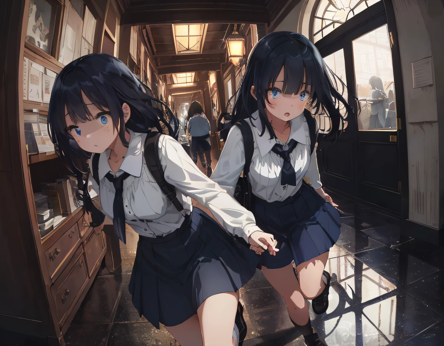 masterpiece, best quality, ultra-detailed, illustration, an extremely delicate and beautiful, cute, girl, energetic, active, anime, 1girl, cute, soft lighting, black hair, labyrinth, Mysterious world, Alice, night, rain outside the window, lanthanum, search, adventure, run away, chased, woman with black hair and blue eyes, dark blue colored skirt, intricate building, complex architecture, dynamic angle, cinematic angle, indoor , wide shot, run, huge building, dark and light, troubled eyebrows, scared, anguish, white blouse, decadent,Twin girls, hand in hand Together, drifting, where are we? , looking around, fisheye lens,