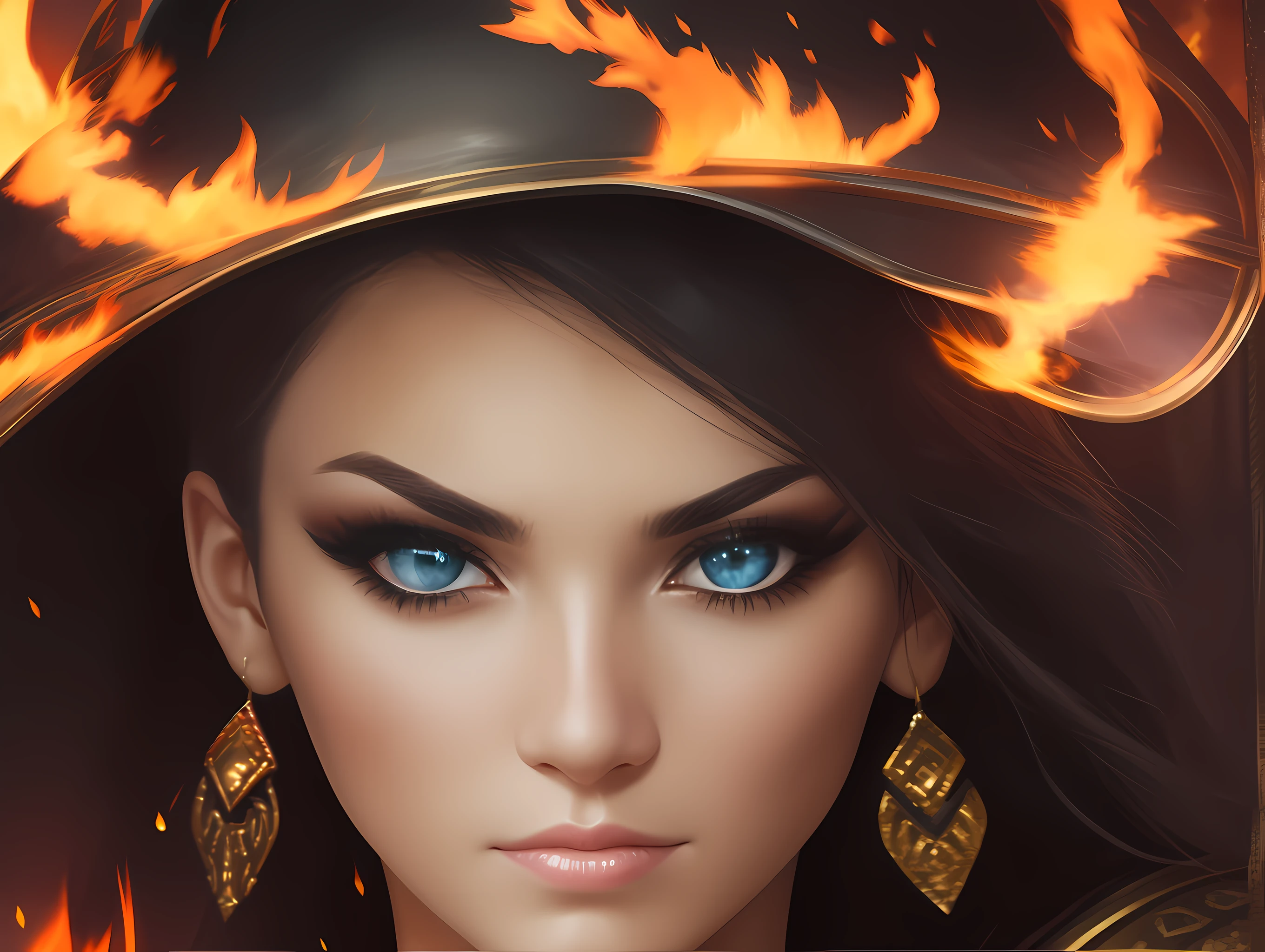 female warrior with fire eyes, close up