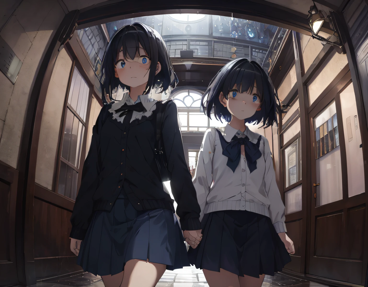 masterpiece, best quality, ultra-detailed, illustration, an extremely delicate and beautiful, cute, girl, energetic, active, anime, 1girl, cute, soft lighting, black hair, labyrinth, Mysterious world, Alice, night, rain outside the window, lanthanum, search, adventure, run away, chased, woman with black hair and blue eyes, dark blue colored skirt, intricate building, complex architecture, dynamic angle, cinematic angle, indoor , wide shot, run, huge building, dark and light, troubled eyebrows, scared, anguish, white blouse, decadent,Twin girls, hand in hand Together, drifting, where are we? , looking around, fisheye lens,