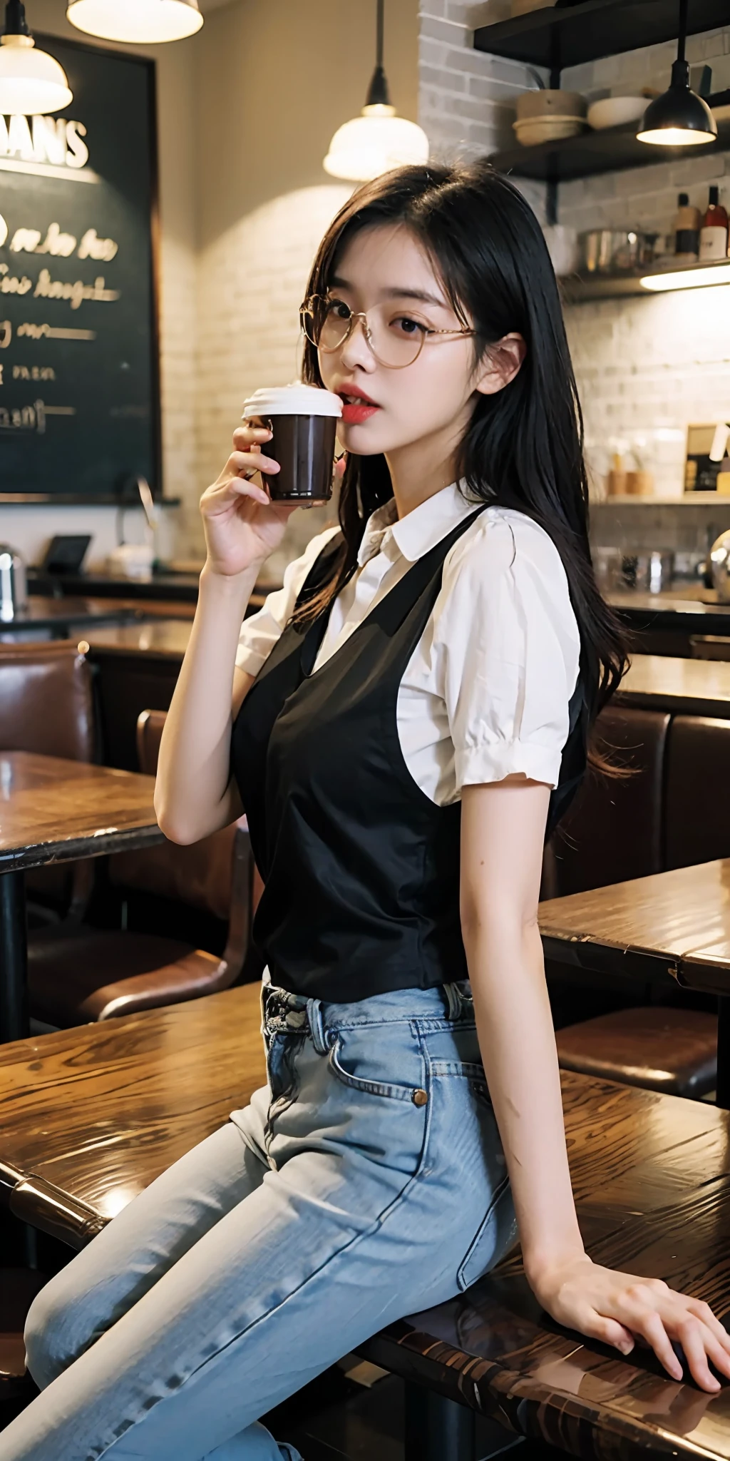 (realisticlying,A high resolution:1.3),1 girl with perfect figure,Ultra-fine face and eyes,long whitr hair,vests:1.2 random colors,Wearing glasses,Licking tongue,short jeans pants,in a cafe,Coffee on the table,Wearing black silk,(20d:1.2),(thigh high:1.4)