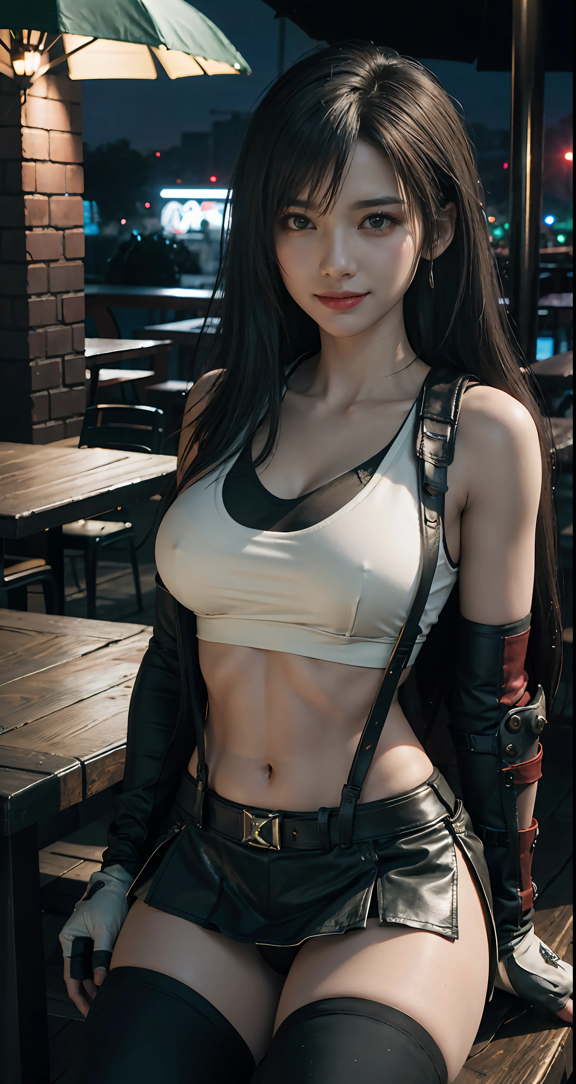 (8ｋ、Highest Quality、A masterpie:1.2)、(Realistic、Photorealistic:1.3 People 7)、Super detailed、Girl 1 Mature Mature Woman Mature Woman、cutest、独奏, (Tifa Lockheart)、(big breastes), (((change, Show well)))、(((black bra)))、(pretty eyes)、(Smiling smile:1.2)、(hooded)、(erotic pose:1.3)、underwear, Dance、Neons、Street landscapes、and depth of field、Dark and strong shadows、sharp-focus、Auto、Motion blur、and depth of field、composition、Glowing green light、Final Fantasy VII、instrument、（nose blush）、Single elbow pad、ankle boots、dark black hair、black thigh、red boots、elbow gloves、elbow pads、partially fingerless gloves、tight shirt、sports bra、（Suspenders,）black skirt、thights、white tanktop、All over body、headrest、s lips、facial、Long hair with low Thai、(red eyes:1.2), (night time:1.3)、Complex、bokeh、Cinematic lighting、Photon mapping、radiosity、physically based rendering、(Tetsuya Nomura style)、NSFW、A perfect chest