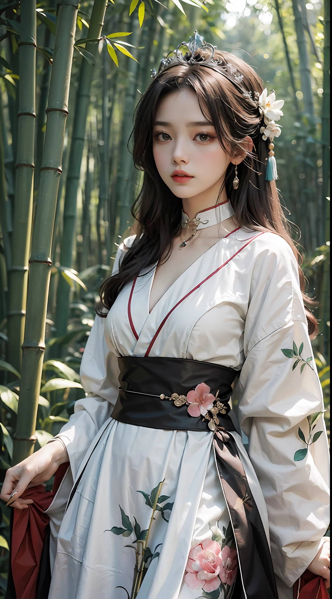 best qualtiy,tmasterpiece,A high resolution,Chinese Hanfu,Traditional Chinese painting,Luxurious tiara,White light gauze hanfu, Xianxia, conservativelydressed,choker necklace,jewelry,beautfully face,full-body portraits,bamboo forrest,4k wallpaper,tmasterpiece,Best quality at best,ultra - detailed,k hd,Unbeatable masterpiece