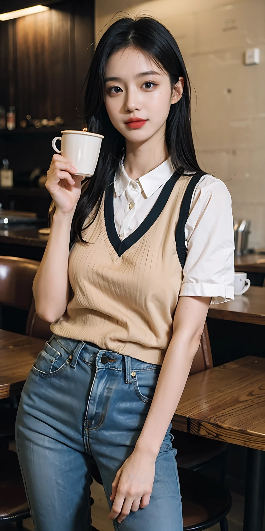 (realisticlying,A high resolution:1.3),1 girl with perfect figure,Ultra-fine face and eyes,long whitr hair,vests:1.2 random colors,Wearing glasses,Licking tongue,short jeans pants,in a cafe,Coffee on the table,Wearing black silk,(20d:1.2),(thigh high:1.4)