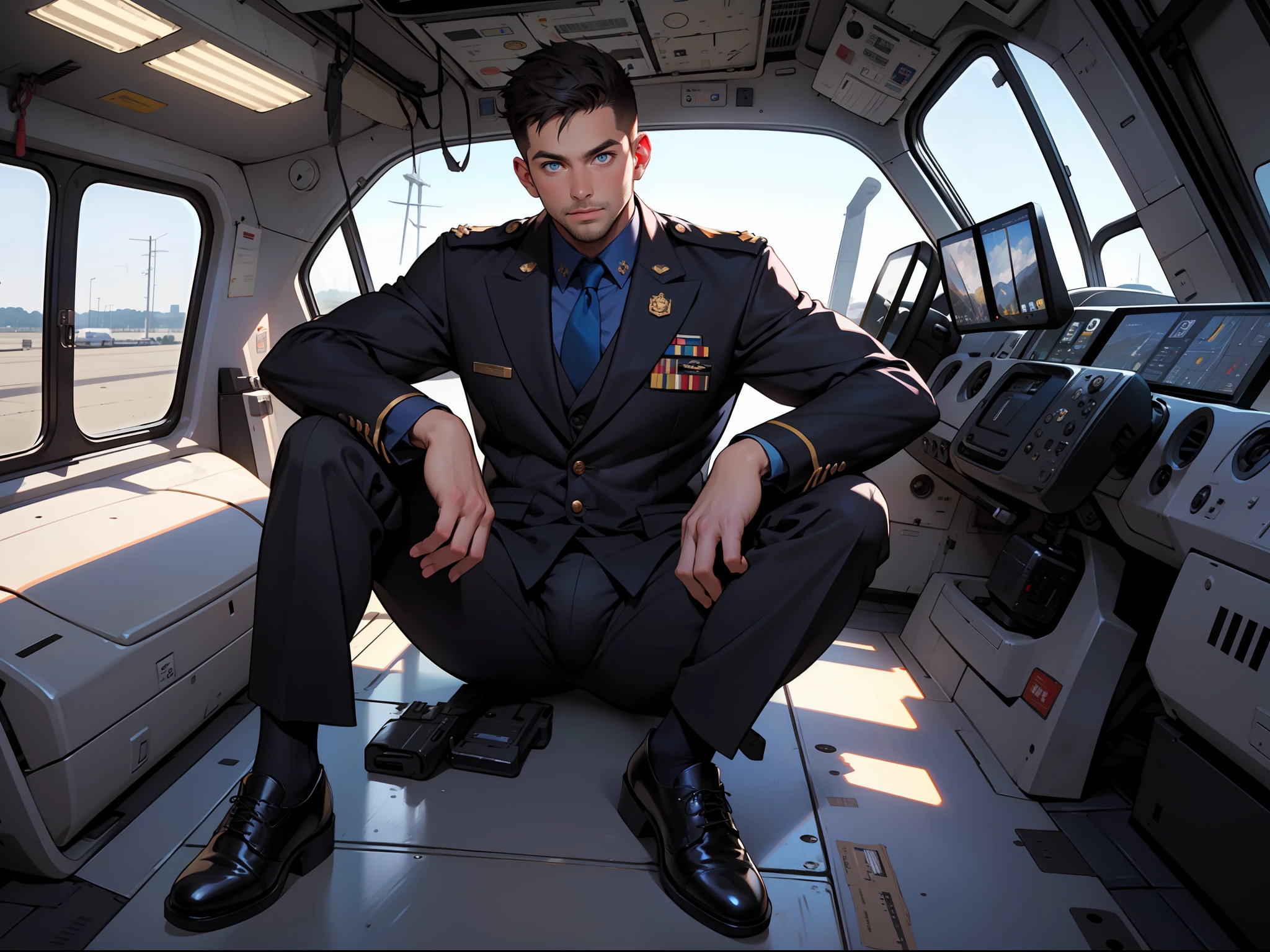 masterpiece, best quality, face, natural eyes, 1man, big feet, black socks, full body, (in suits), large bulge, long legs, looking at viewer, 30 years old, muscled and mature, pilot, pilot in uniform, short haircut, blue eyes,