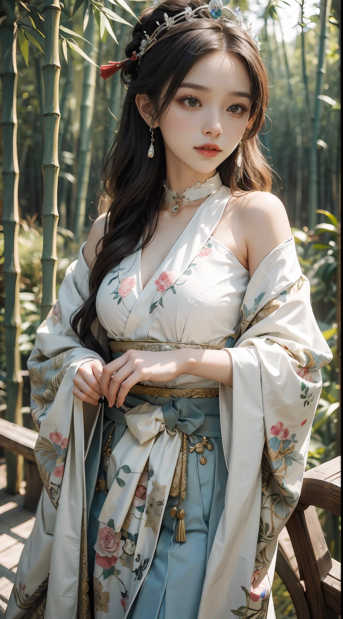 best qualtiy,tmasterpiece,A high resolution,Chinese Hanfu,Traditional Chinese painting,Luxurious tiara,White light gauze hanfu, Xianxia, conservativelydressed,choker necklace,jewelry,beautfully face,full-body portraits,bamboo forrest,4k wallpaper,tmasterpiece,Best quality at best,ultra - detailed,k hd,Unbeatable masterpiece