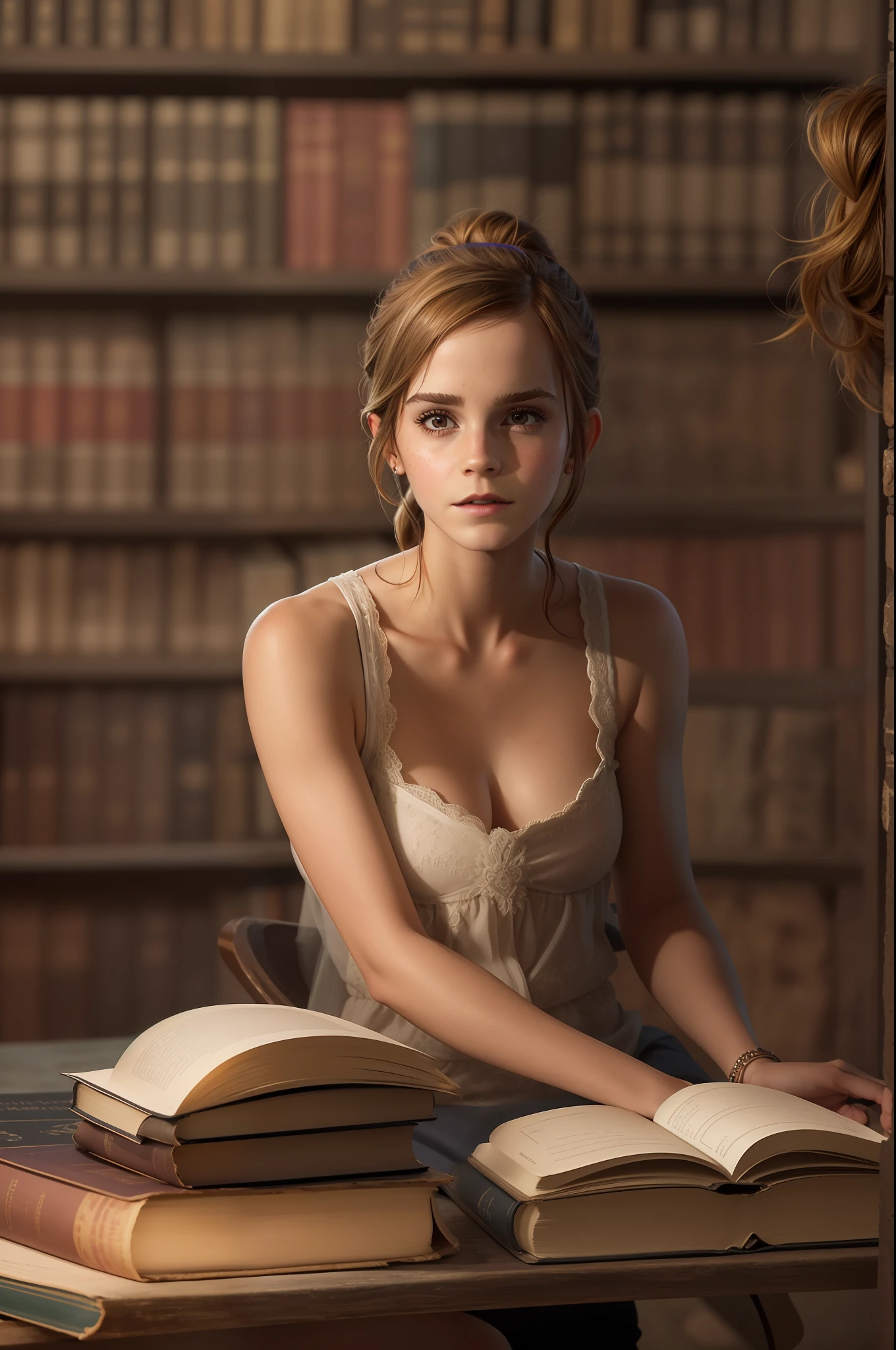 ((Emma Watson)), (sie sitzt in einer dunklen alten Bibliothek), (sie hat ein Buch in der Hand), Sommersprossen, ((she has small round breasts)), (kleiner Kopf), ((detailliertes Gesicht)), Weiches filmisches Licht, ((((Kino-Look)))), (fotorealistisch), (Raytracing), (scharfer Fokus), ((natural realistic skin texture)), detailliertes Gesicht, detaillierte Lippen, detaillierte Augen, doppeltes Augenlid, ((ponytail))