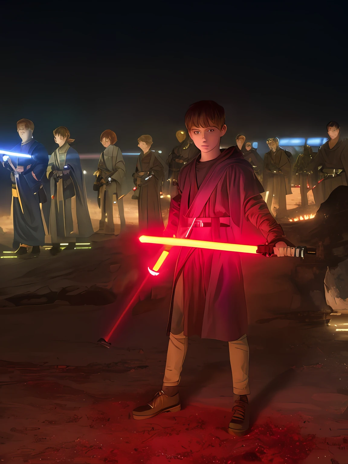 The boy held a glowing lightsaber in front of the crowd, with light-saber, holding a red lightsaber, with lightsaber sword, red light saber, holding light saber, without lightsaber, holding laser swords, holding an activated lightsaber, with young jedi army behind him, red lightsaber, Jedi and lightsabers, holding light saber