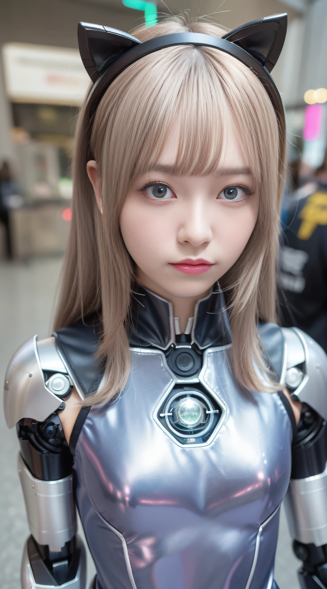 (Photorealsitic:1.4)、Onegirl、(top-quality),(hyperdetailed face)、(Super well-formed face)、((Robot Parts))、(Cyborg girl)、(pink there)、(Silver)、(metalic)、(fullllbody)、(Moe Pose)、(Slender body)、(tits out)、(Model body type)、(mecha exposure)、(akihabara)、(is looking at the camera)、(A dark-haired)、(9Head and body)、(a small face)、(Idol)、(front facing)、(is standing)、(Photo session)、(Looks sad)、(Cyborg girl in blue satin dress)、(sleeve less)、(a miniskirt)