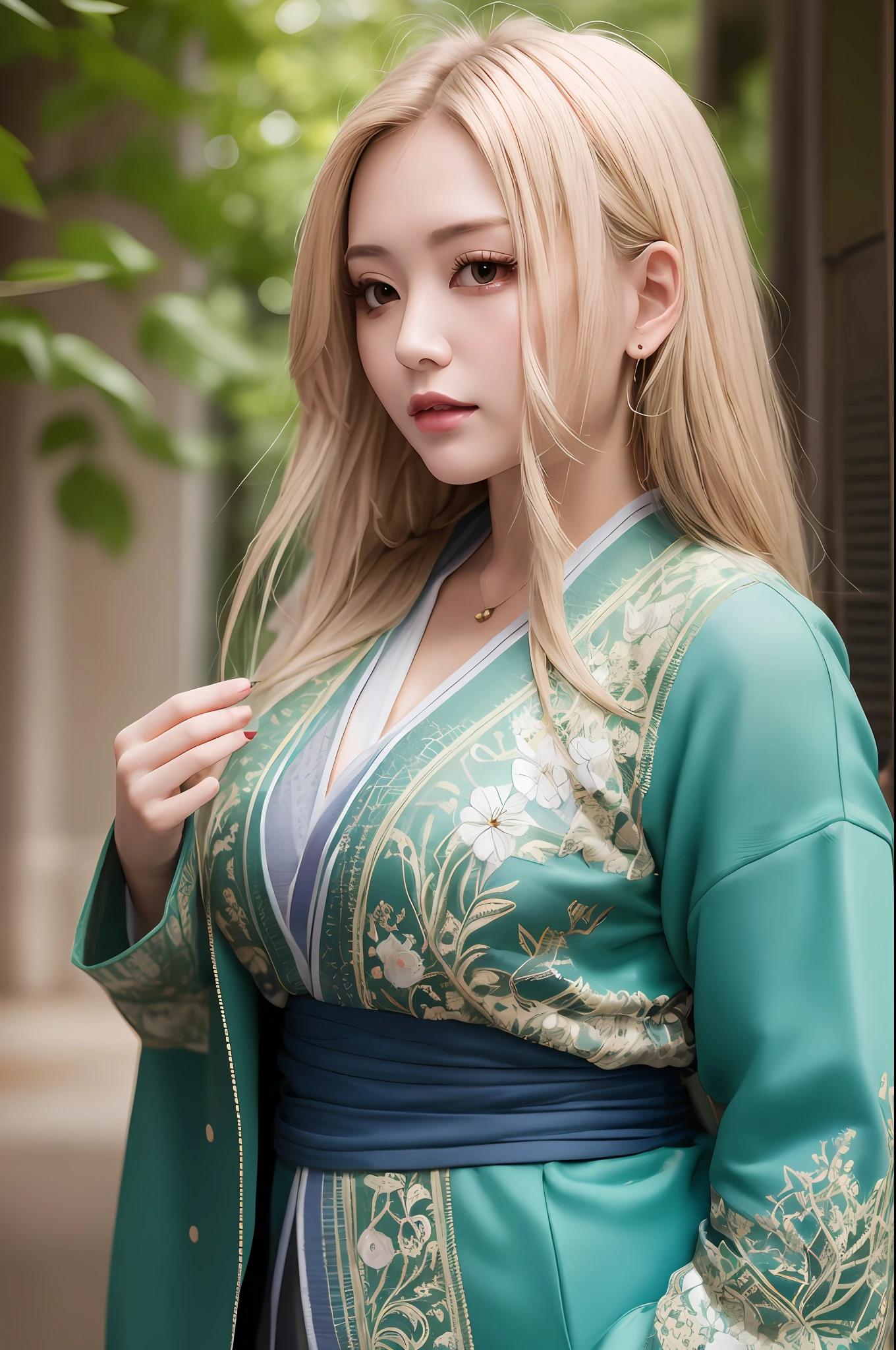 highres, sharp focus, pixiv masterpiece, ((intricate details)), highly detailed,  upper body, 1girl, mature, blonde hair, blue forehead mark, white kimono, green jacket, sash, tsunade_senju,