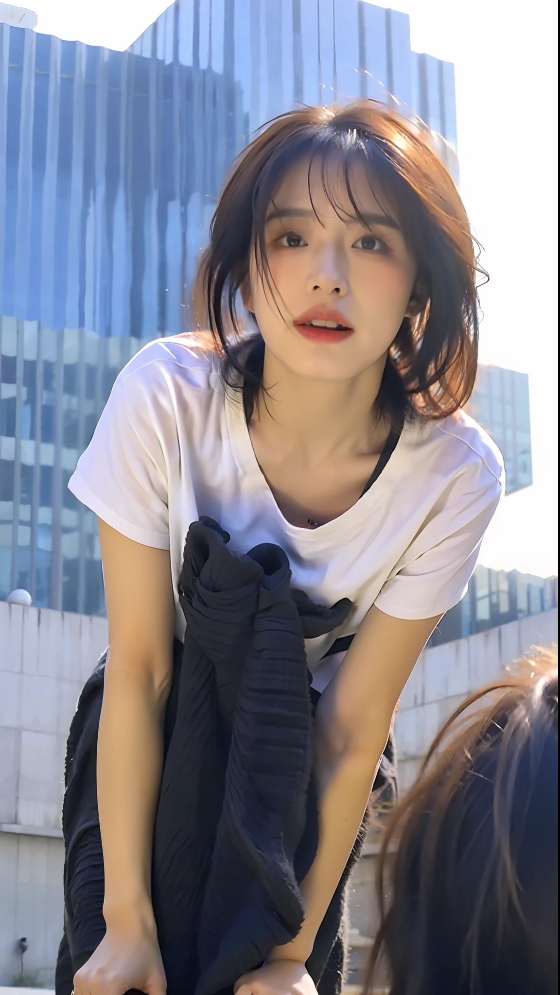 (Best quality, 8k, 32k, Masterpiece, UHD:1.2),Photo of Pretty Japanese woman,black short hair,beauty face,(leaning forward:1.3),squatting,(from above:1.2),(close up:1.4),pov,loose t-shirt,large breasts,(beautiful nipple slip:0.9),outdoors,windy,shiny skin,blurry background,